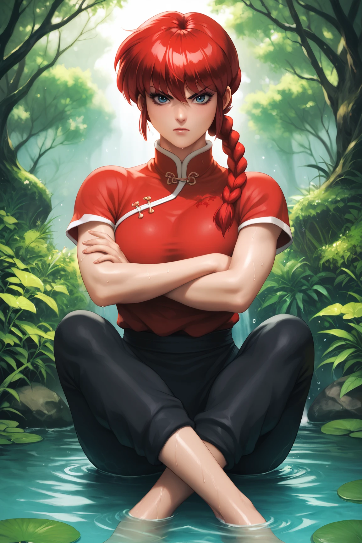 score_9, score_8_up, score_7_up, aesthetic, intricate details, 1girl,  <lora:stanley_lau-pony:1> stanley_lau_style, realistic, ranma-chan, ranma 1/2, red hair, single braid, china clothes, black pants, crossed arms, sitting, on water, outdoors, angry, looking at viewer, nature, wet, red hanfu,