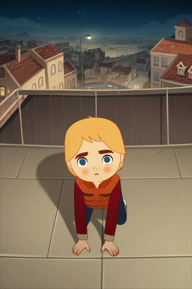 score_9, score_8_up, score_7_up,
SongofTheSeaBen, SeaOfTheSea_Studio_Saloon_Style, vest, rooftop, human, city, vehicle, clothing, detailed background, 1boy, blonde hair, outside, disney, young, hi res, female, male focus, mammal, town, all fours, hair, male, building, anthro, orange hair, blue eyes, fur, outdoors, topwear, child, feral, night, clothed, looking at viewer, blush, absurd res, thick eyebrows, solo<lora:EMS-444535-EMS:1.000000>