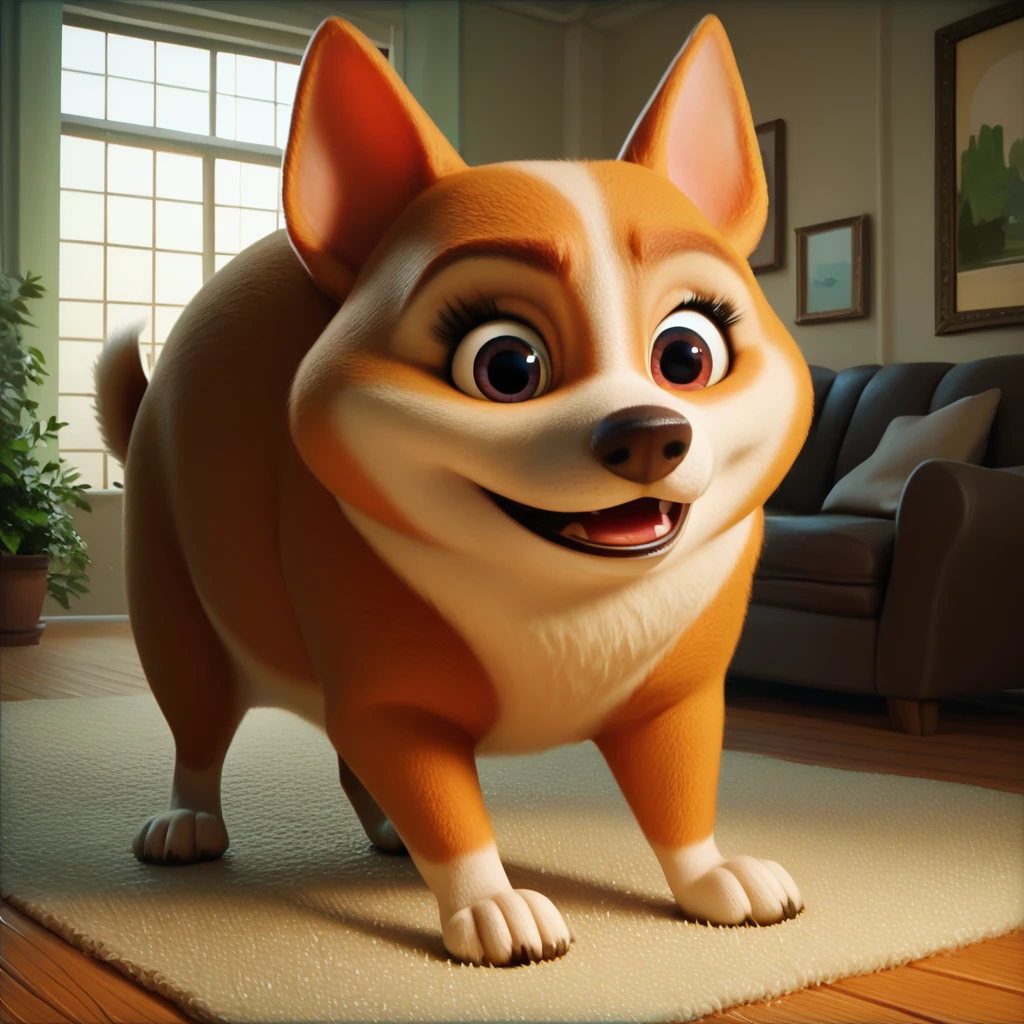 score_9, score_8_up, score_7_up, score_6_up, score_5_up, score_4_up, rating_safe,zPDXL2,source_cartoon,pixar,1dog,solo,big eyes,indoors,living room,corgi,welsh corgi