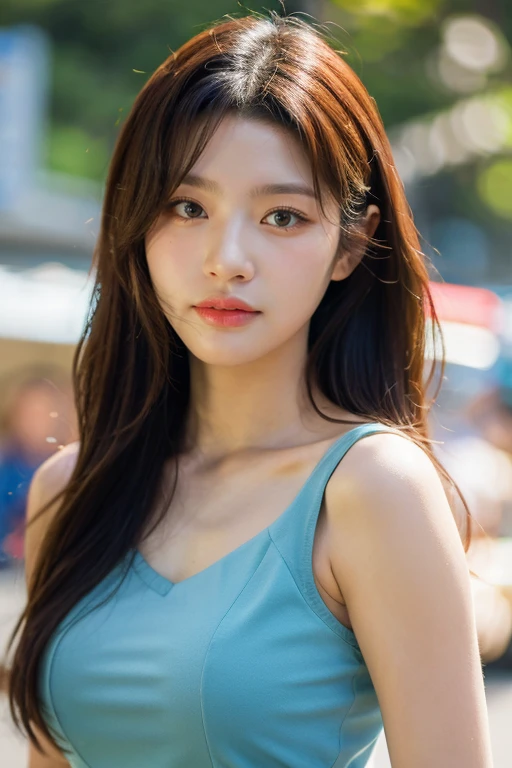 masterpiece, best quality, ultra-detailed, ultra high res, (photorealistic:1.4), raw photo, (realistic:0.2), 8k HDR, realistic cool temperature lighting, 1girl, solo, asymmetrical hair, outdoor, (traditional market:1.2), bokeh, (detailed lips), (detailed pores), (detailed skin textures), (detailed face:1.2), (body:1.2), a woman in a sundress, promotional image, a character portrait,