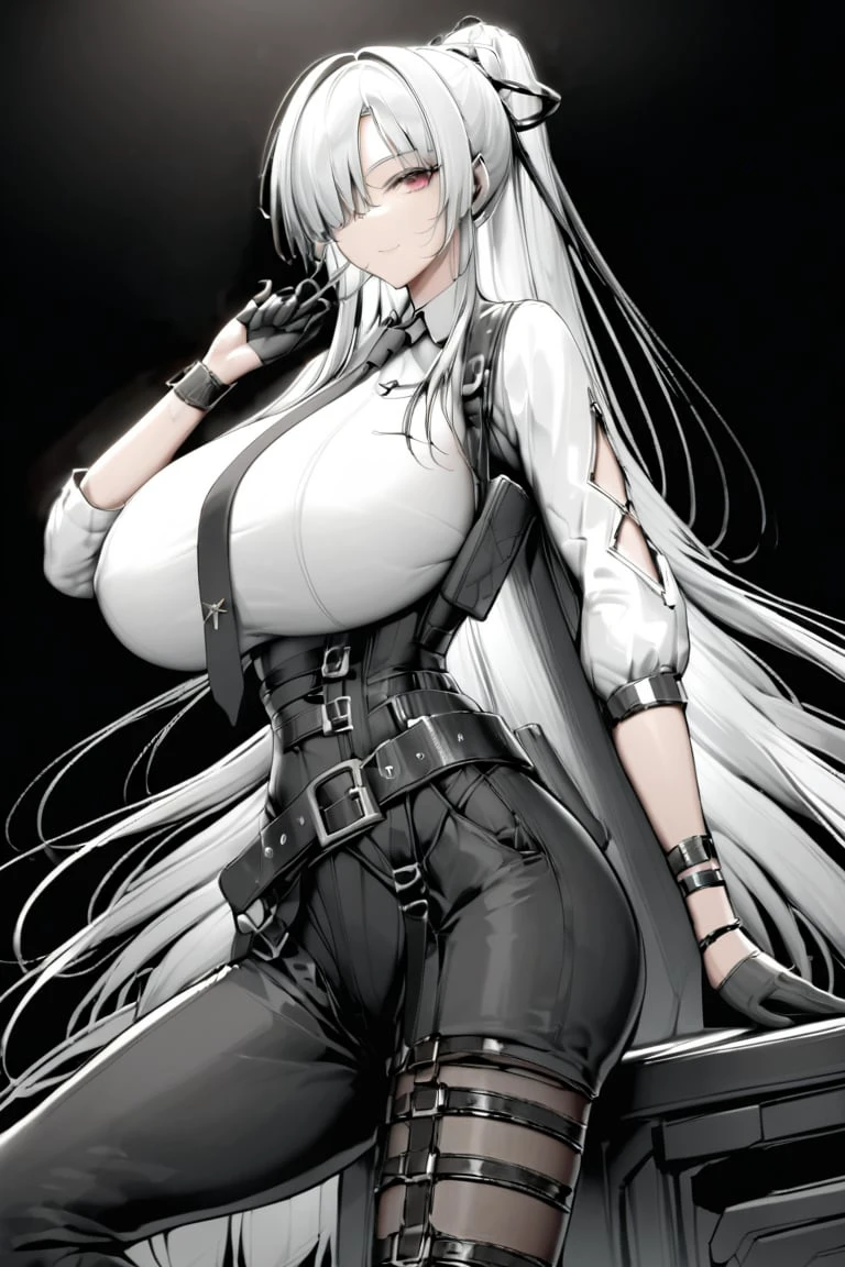 {pov view from behind},huge ass,Masterpiece ,toothpick ,white shirts , strap,black necktie, , bang, very long hair, black gloves, Black pants,belt,hole on sleeves,wristband ,hair over a eye,{straight long high ponytail},white hair,huge_breasts,gigantic_breast,,{dark red eyes},,hair-ring,solo,long leg,slender ,,sexy,fair skin,closed mouth,light skin,confident expression, bangs cover forehead,low browed,
