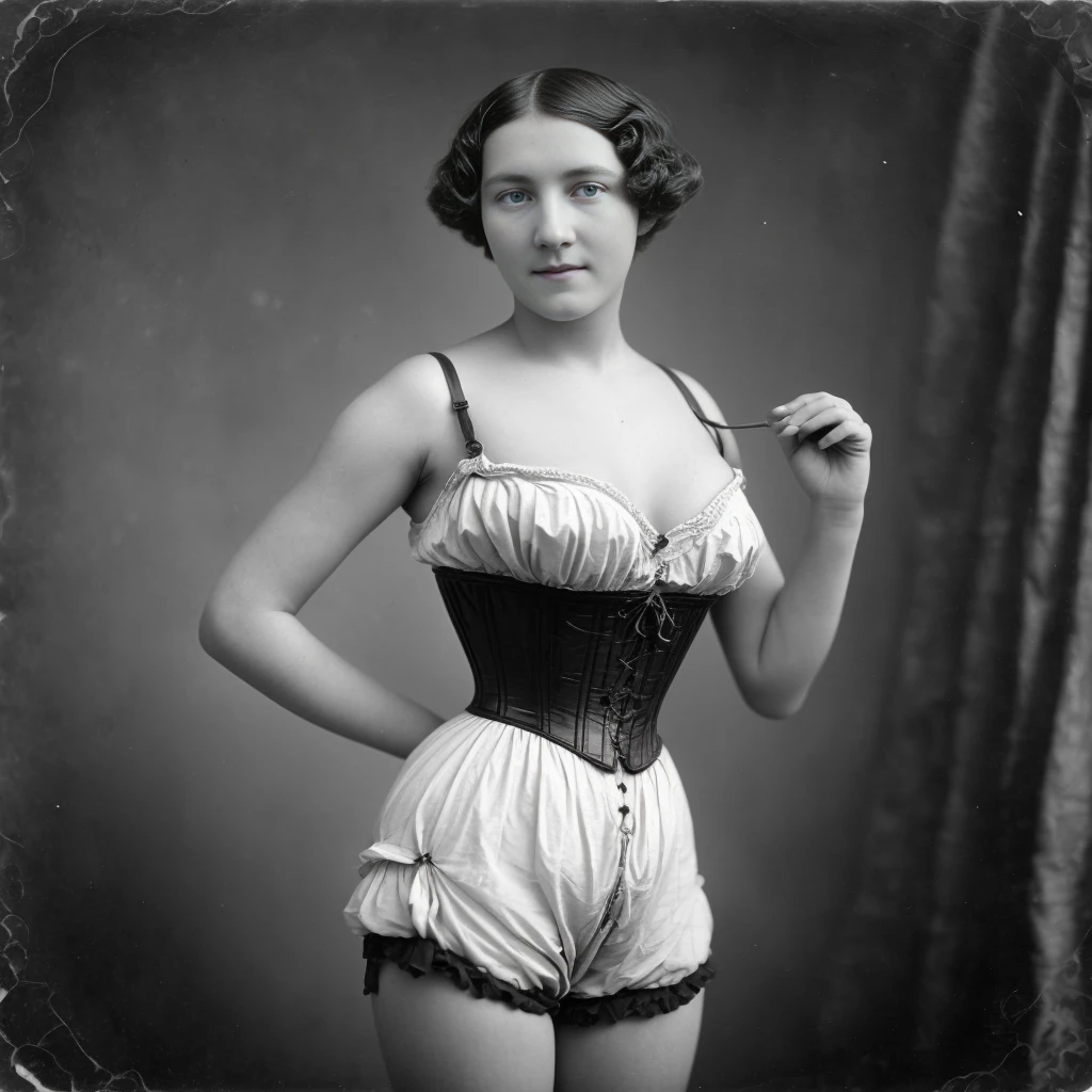 <lora:vog:1> 1875 vintage photo of a (young woman with small breasts and short hair)wearing VOG, tack sharp, BW photo, masterpiece