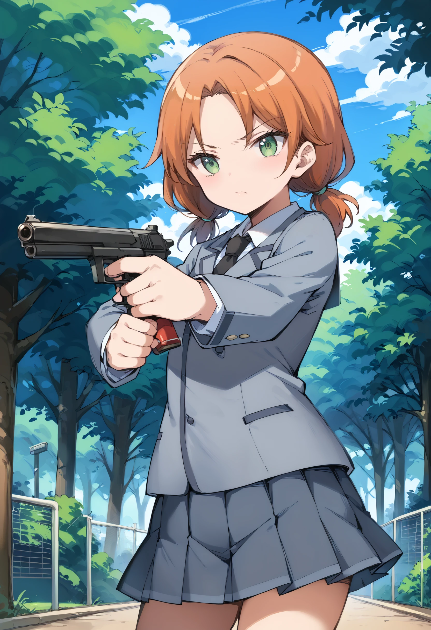 score_9,score_8_up,score_7_up,score_anime,2d,close-up,from_side,1girl,holding_gun,aiming,standing,serious,looking_at_viewer,constricted_pupils,solo,
<lora:Hayami Rinka v2_autismmixPony:0.8>,Hayami Rinka,green eyes,orange hair,twintails,school uniform,grey jacket,grey pleated skirt,gray skirt,black necktie,black kneehighs,outdoors,forest,