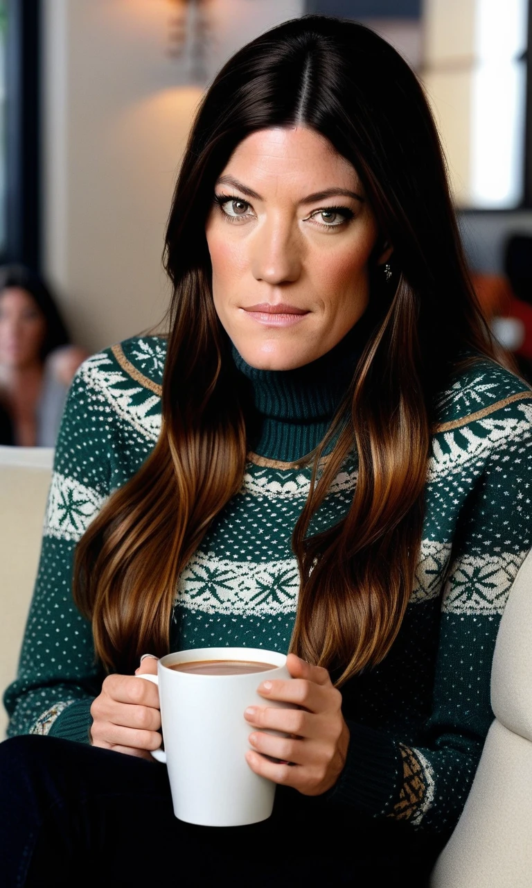 A composite full body image of Jennifer Carpenter, 1girl, solo, detailed face, detailed eyes, long_hair, green_eyes, black_hair, lips, <lora:Jennifer_Carpenter_SDXL:1>, wearing turtleneck sweater, sweat pants, slippers, sitting on couch enjoying a cup of hot cocoa,