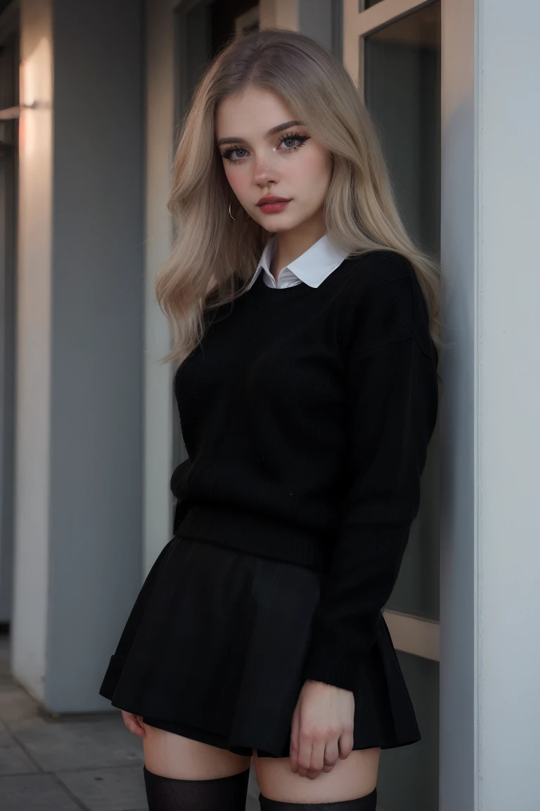 Editorial Photography, Photography, Portrait, DSLR, F/2.8, (High quality), (upper body) (masterpiece), looking at viewer, (detailed), 8K, Milkgore, outside, (wearingblack sweater over white collared shirt,  black plaid skirt), (long blonde hair)  <lora:Milkgorev4:0.95>