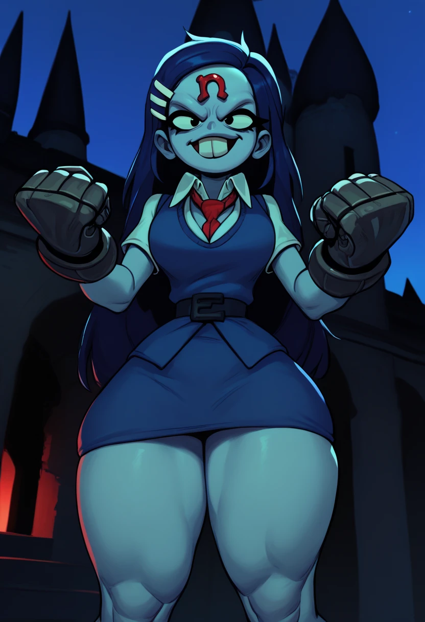 score_9,score_8_up,score_7_up,score_6_up,
ninacortexxl,black eyes,forehead jewel,buck teeth,blue hair,white hairclip,evil smile,clenched hands,long hair,
blue sweater vest,tie,white collared shirt,short sleeves,skirt,thick thighs,cleavage,
standing,
evil castle,night,metal gloves,
outdoors,<lora:NinaCortexXL:0.9>,