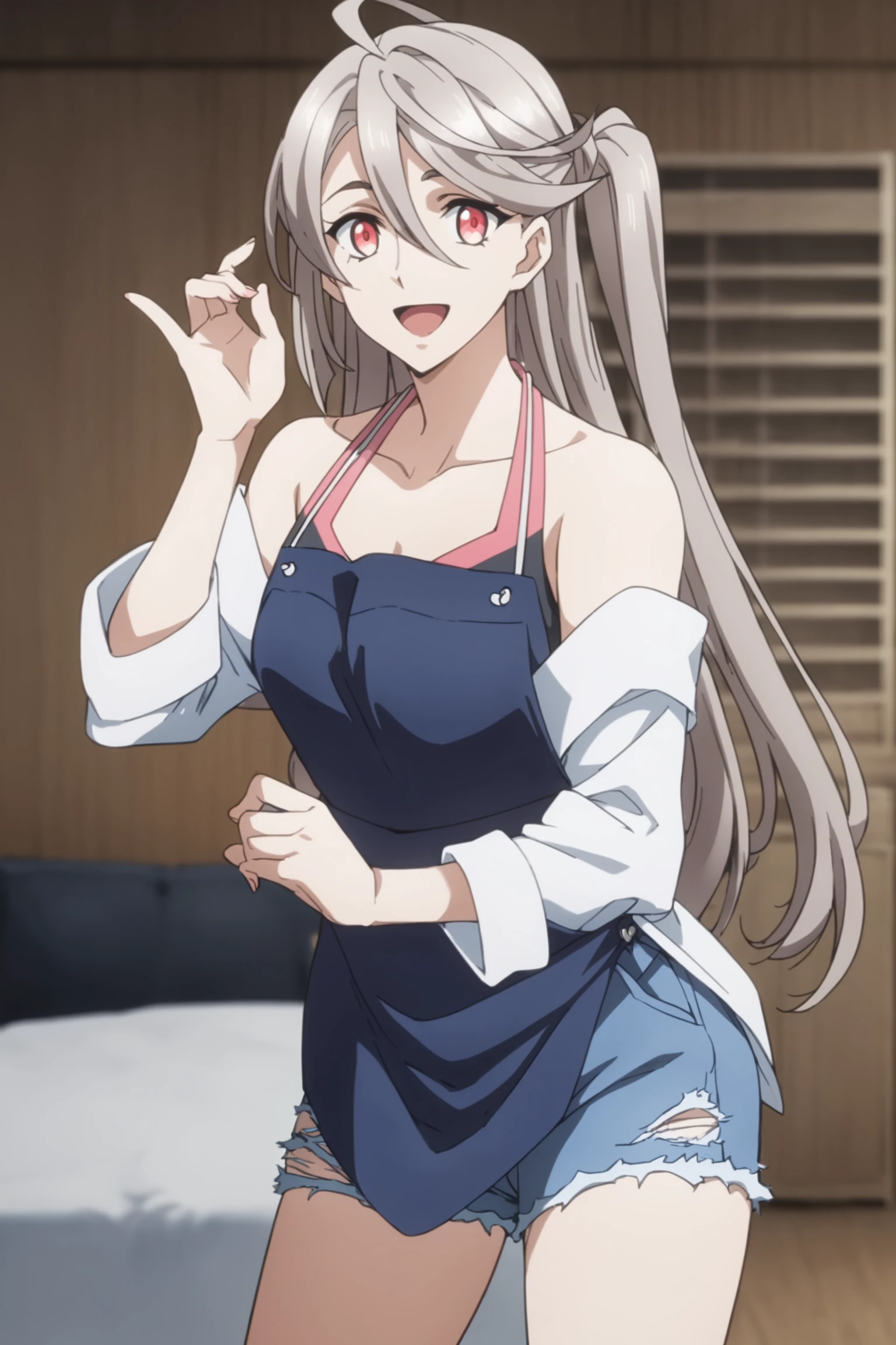 score_9, score_8_up, score_7_up, score_6_up, score_5_up, source_anime, rating_safe, indoors, 1girl, solo, medium breasts, looking at viewer, <lora:age_slider_v4:2>, seria urutsuki, long hair, grey hair, side ponytail, hair between eyes, ahoge, red eyes, tank top, pink tank top, black tank top, blue apron, white shirt, tied shirt, collarbone, bare shoulder, blue shorts, denim shorts, gladiator sandals, <lora:Seria_Urutsuki:0.8>, (dynamic pose:1.4), smile, open mouth