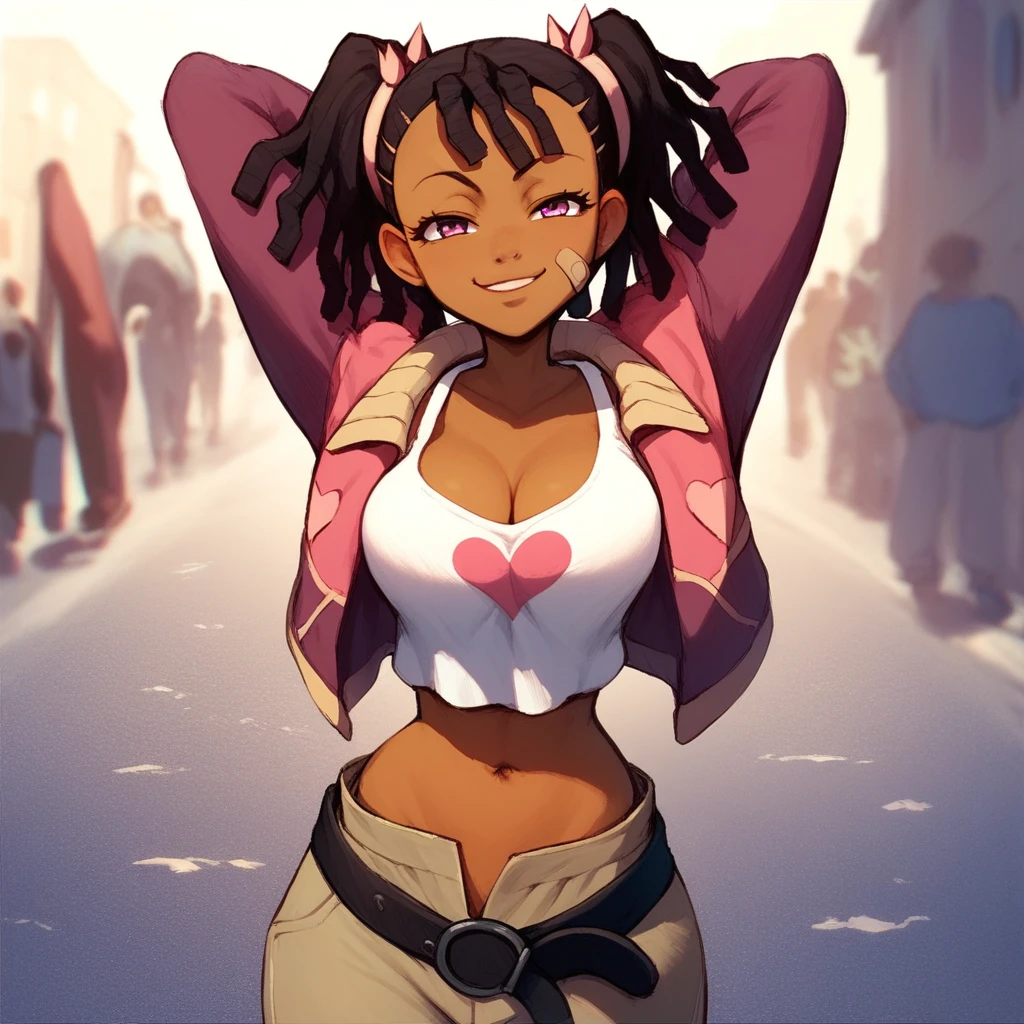 Score_9, score_8_up, score_7_up, score_6_up, score_5_up, score_4_up, 1girl, solo, Miyuki Ayukawa, Human Female, Dark-skinned female, Magenta Eyes, Dreadlocks Hair, Twintails, Pink Ribbon Hairties, Left Cheek Bandaid, Dark Purple & Magenta Jacket, Heart Decal, White Short-cropped Tank Top, Beige Pants, Black Belt, sunny, cleavage, large breasts, midriff, navel, smile, Anime_Design, looking at viewer, streets, lidded eyes, lip, hands behind head