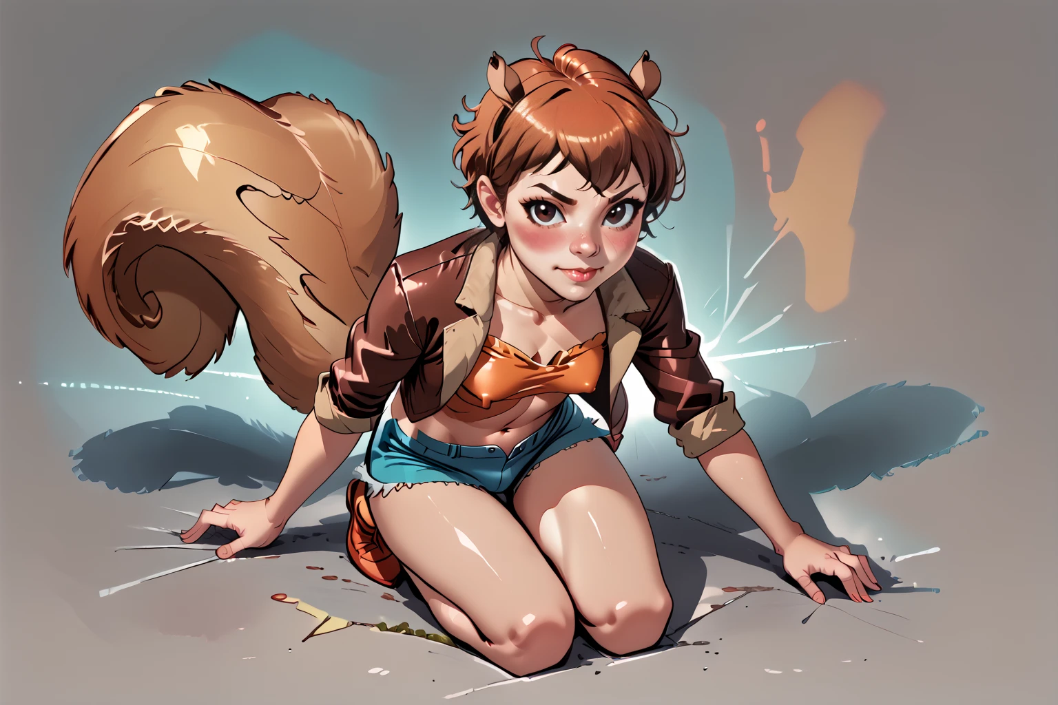 <lora:Squirrel_Girl_v2_PDXL_spamb0t:0.8>,Marvel_Squirrel_Girl
BREAK very short brown hair,messy hair,squirrel tail
BREAK small breasts,covered nipples,midriff,navel
BREAK orange shirt,cropped shirt
BREAK brown bomber jacket,open jacket,brown short shorts
BREAK kneeling with both knees apart, hands on ground
BREAK seen from above, closeup
BREAK cowboy shot,abstract background,looking at viewer