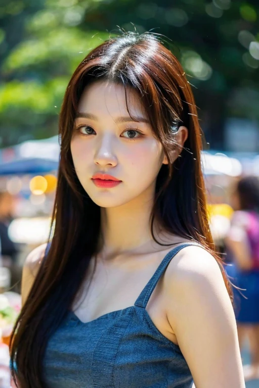 masterpiece, best quality, ultra-detailed, ultra high res, (photorealistic:1.4), raw photo, (realistic:0.2), 8k HDR, realistic cool temperature lighting, 1girl, solo, asymmetrical hair, outdoor, (traditional market:1.2), bokeh, (detailed lips), (detailed pores), (detailed skin textures), (detailed face:1.2), (body:1.2), a woman in a sundress, promotional image, a character portrait,