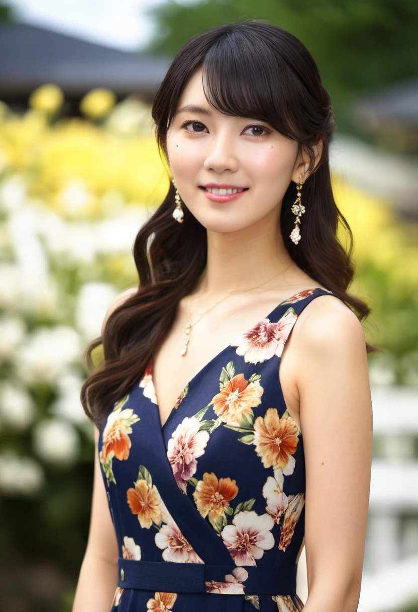 masterpiece, high detail,Saya Hiyama, wearing earrings, dark hair, floral dress, outside, blurry background, natural lighing, natural look, full body   