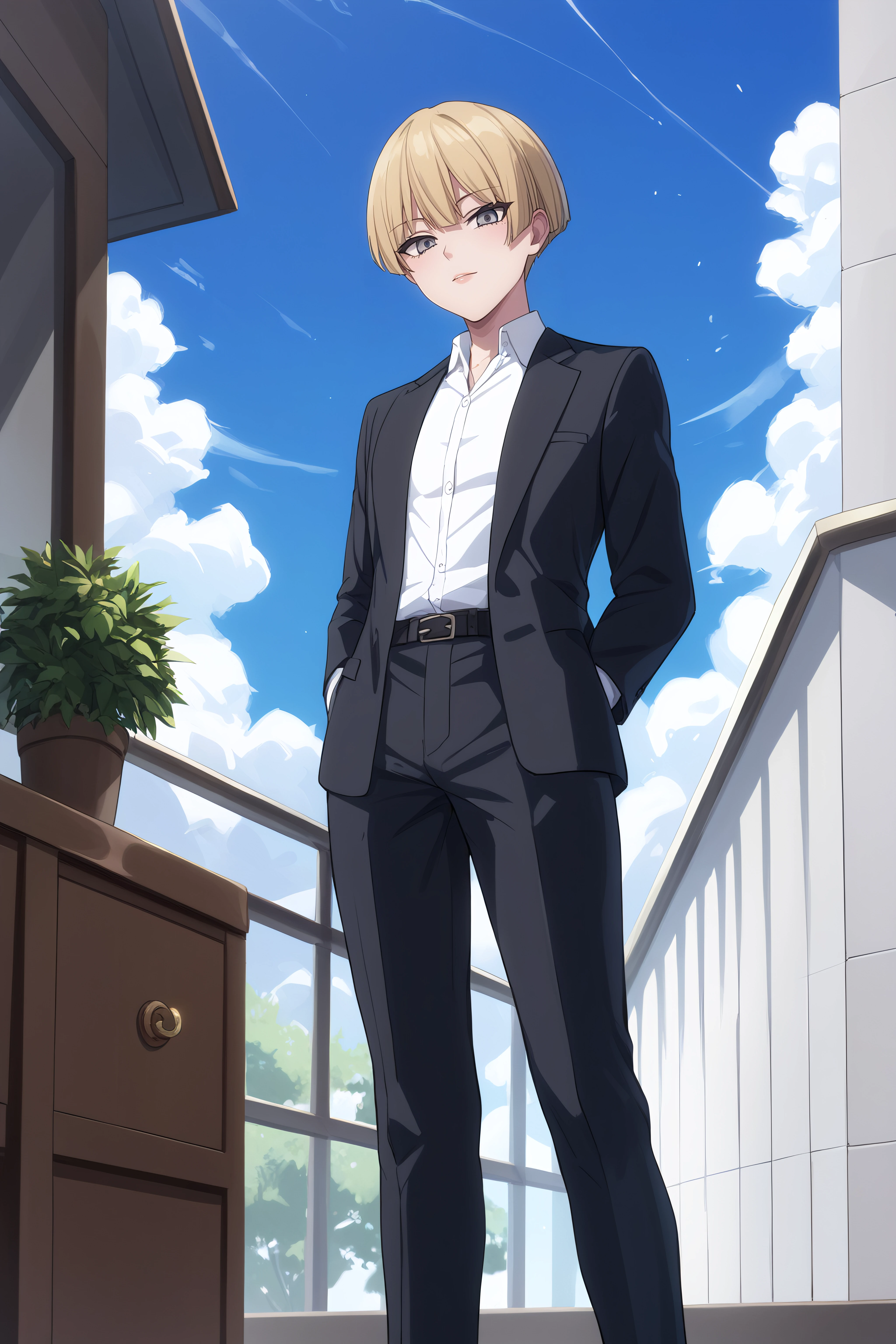 score_9, score_8_up, score_7_up, BREAK source_anime, <lora:Yelena-PonyXL-lora-Faxtron:0.8> yelena, grey eyes, blonde hair, white shirt, black suit, long sleeves,