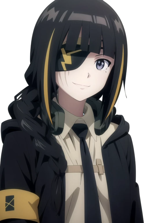 solo, 1girl, looking at viewer, 2D, anime, official style, anime coloring, anime screencap, upper body, (simple background, solid white background:1.3), <lora:m16a1-gfl:0.8>, m16a1, eyepatch, armband, jacket, necktie, smile