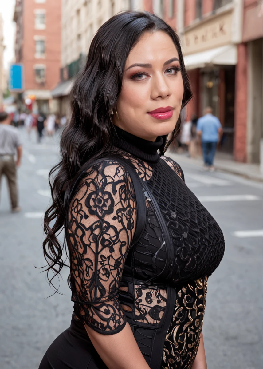 score_9, score_8_up, score_7_up, a captivating masterpiece of an woman, breast size 44D, (((long dark hair))), (((dressed marvel outfit with turtleneck))), ((upper body)), face, The intricate lace and gold details exude a very rebellious aura. ((The use of high-shine gloss adds a touch of glamour to the look)), ((while the deep red and black hues give it a dramatic vibe)), background is a street in New York, blurred background, studio ligthing, facing camera, shallow depth of field, extravagant, ornate, designer, opulent, picturesque, lavish, <lora:MS_Julia_Mendoza_V1_Pony:0.9>, plump woman