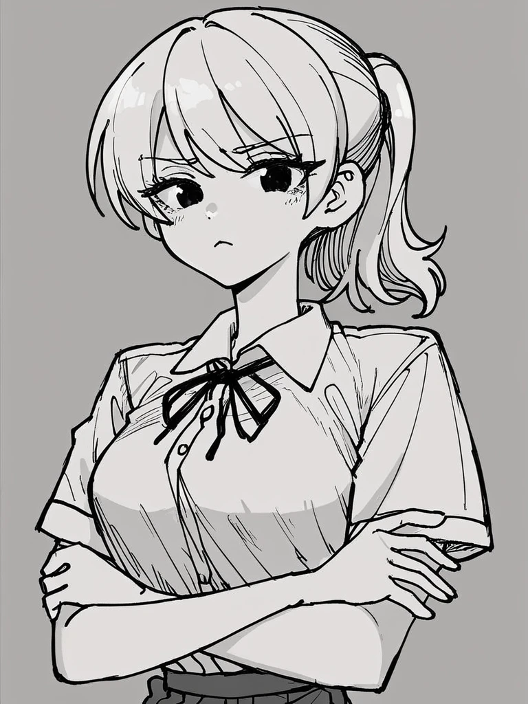 score_9, score_8_up, score_7_up, 
 1girl, monochrome, white hair, ponytail, black eyes, medium breasts,

frown, looking at viewer, crossed arms, 

school uniform, white shirt, short sleeves, neck ribbon,
