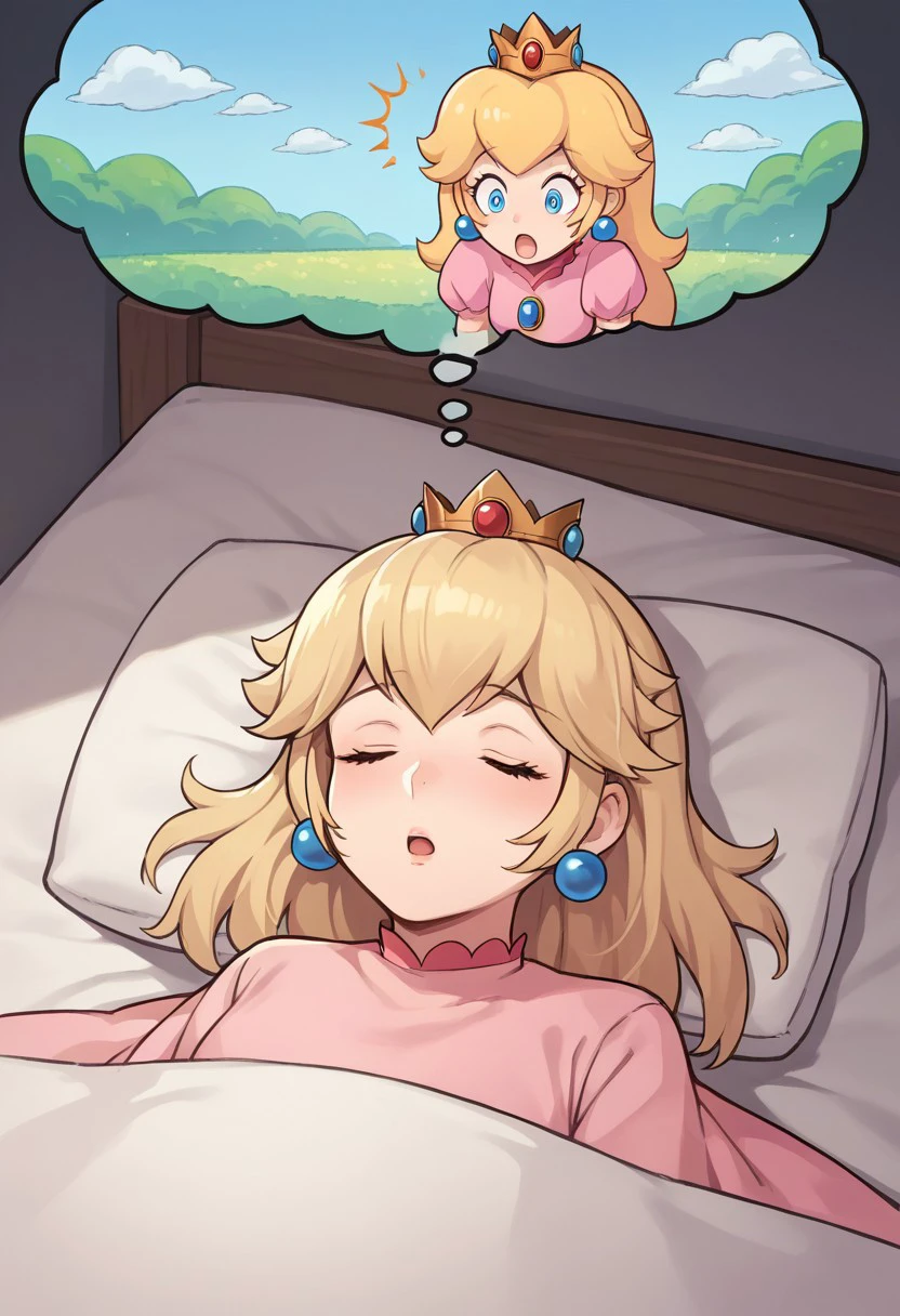 score_9, score_8_up, score_7_up, source_anime, rating_safe, dreaming, sleeping, head on pillow, in bed, dreaming of themselves, princess peach, hills, cloud, looking down, surprised