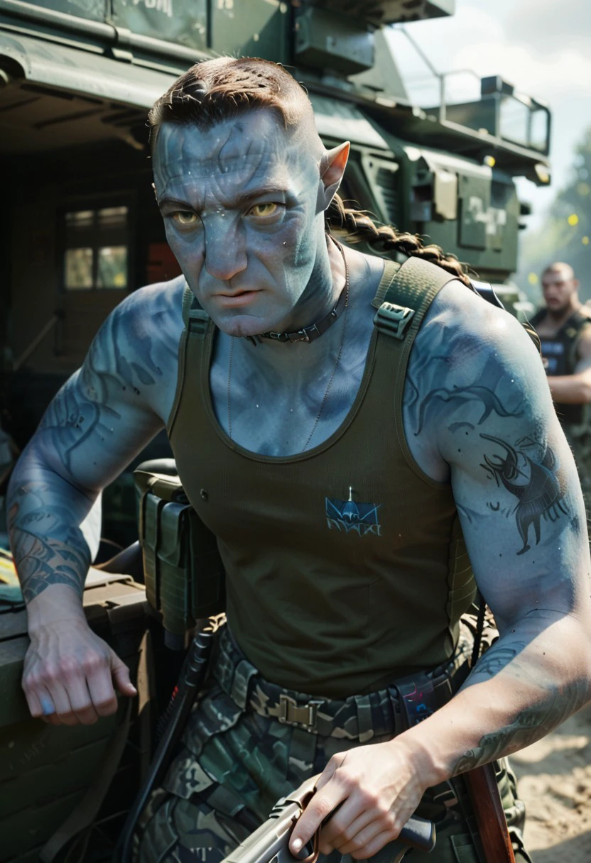 score_9, score_8_up, score_7_up, milesquaritch, weapon, braid, shirt, tank top, tattoo, holding gun, camouflage pants, solo focus, armor, mohawk