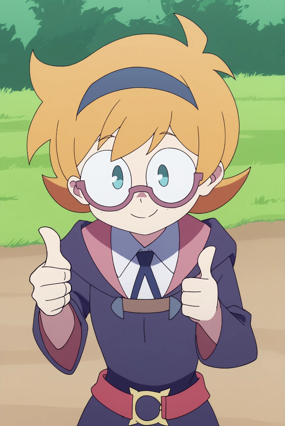 smiling, thumbs up to viewer, friendly, helpful, cheerful expression,  Lotte Jansson, solo, glasses <lora:Little_Witch_Academia-Lotte_Jansson-PDXL:0.8>