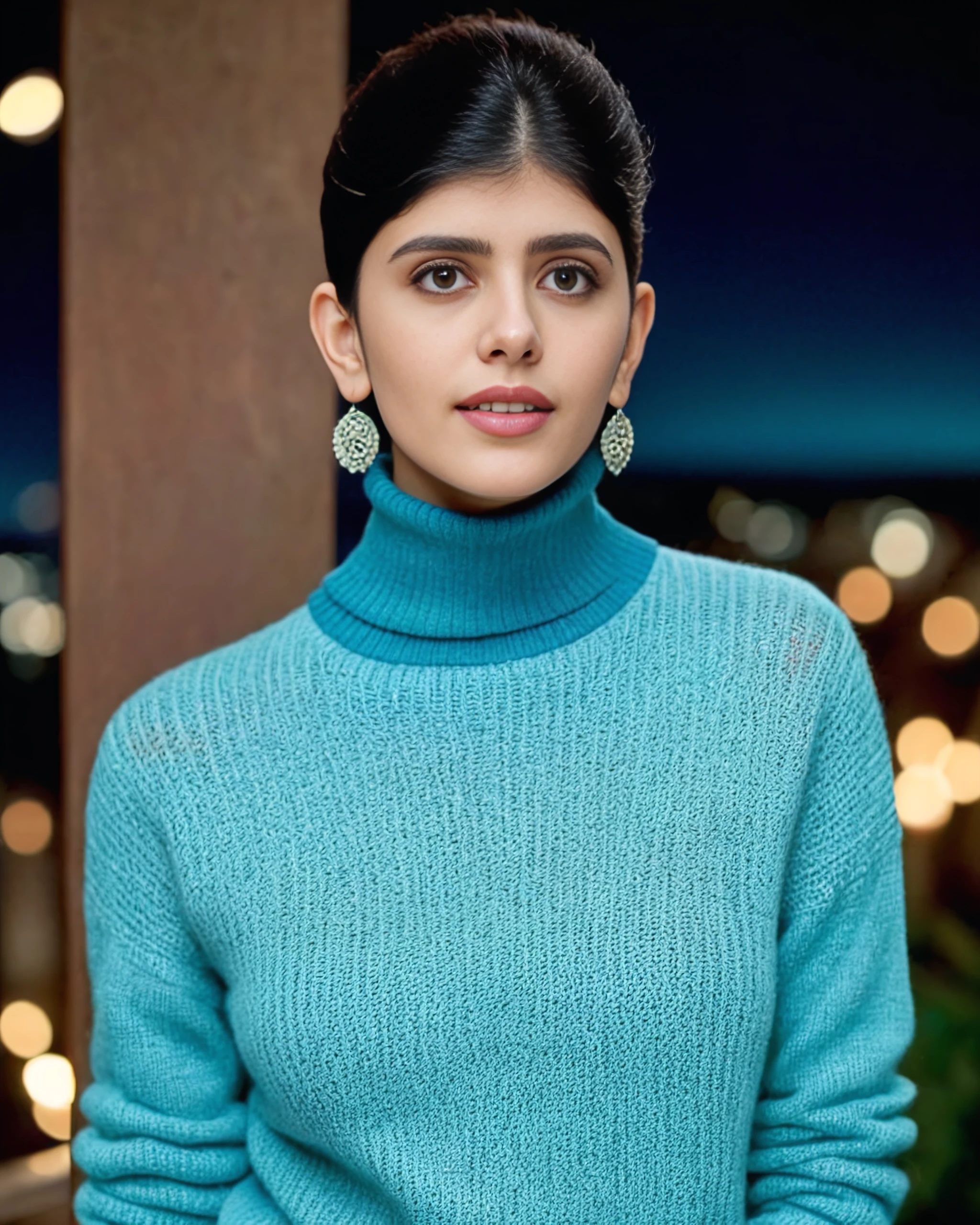 full body photo of Sanjana Sanghi woman, solo, pixie hair cut, , looking at the camera, ethnic Cyan turtleneck sweater, night time, contrasting background bokeh, skindentation, <lora:Sanjana_Sanghi_SDXL_LoRA_prodigy_local_xformers_HNE-000015:1>