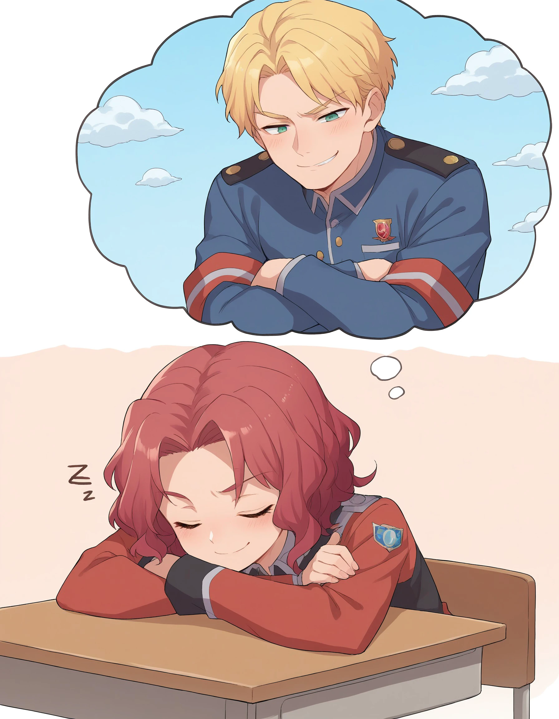 score_9, score_8_up, score_7_up, source_anime, sleeping, [sitting], (head on desk), dreaming, female blonde hair, uniform, dreaming of other, dreaming of handsome man, male crimson hair, crossed arms, smug, light background, clouds