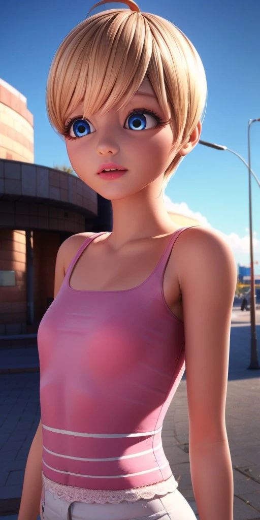 Hyperrealistic, super detailed, photorealistic, long pink dress with lace, honey blonde pixie cut with bangs that slightly cover her eyes to the right and a tiny cowlick on top expressive round vivid sapphire blue eyes, body like in real life, large pores, slender, fourteen years old, fair-skinned skin, beautiful arms, very flat very little breasts, unreal engine, octane render, droped shadow, bokeh, cinematic lighting, <lora:Volumetric_lighting:0.6>, <lora:add_detail:0.5>, Rose Lavillant, , <lora:06bcf8b1-73c7-405d-9e36-210ca06801fe:0.7>