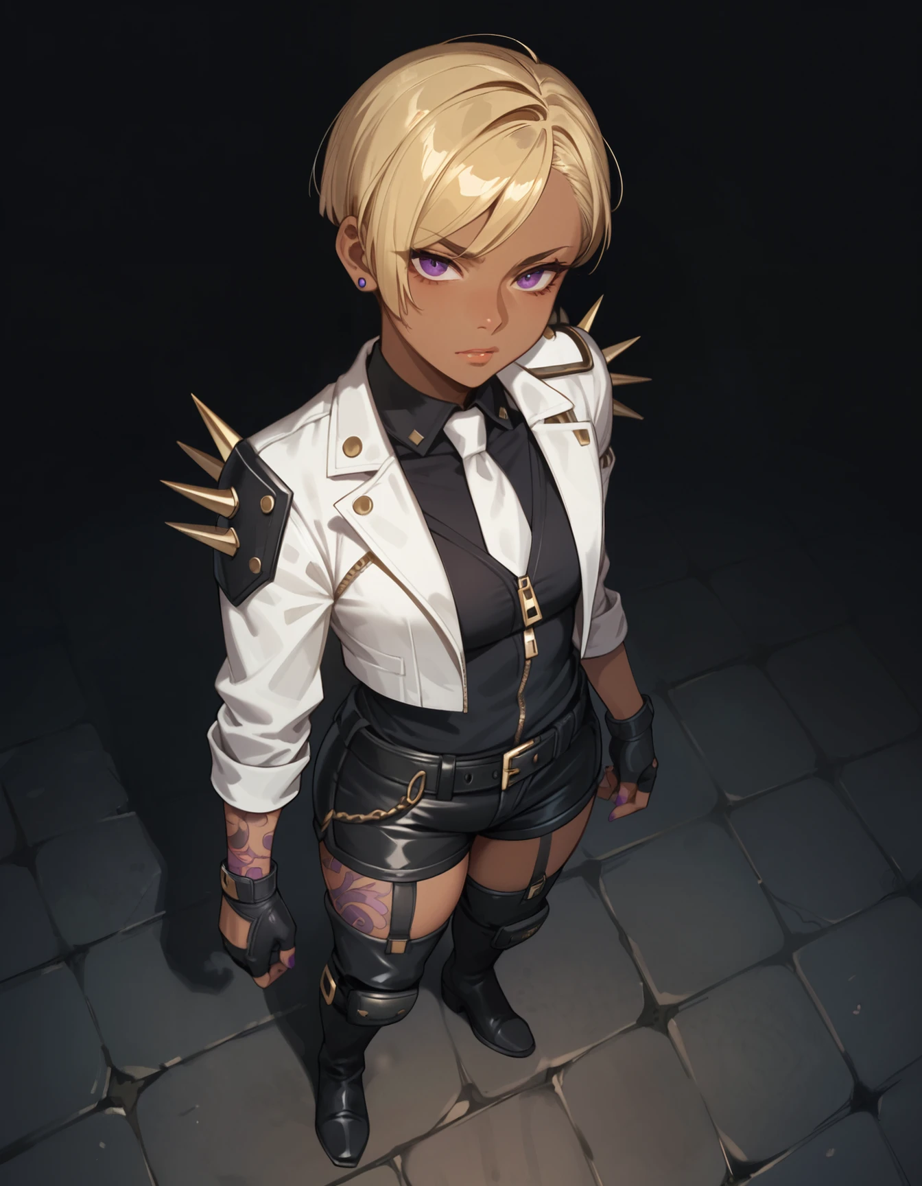 score_9,score_8_up,score_7_up,score_6_up,dark background,1girl,black fingerless gloves,dark skin,white jacket,blonde hair,belt,short hair,black shorts,knee pads,thigh boots,black thighhighs,full body,from above,standing,looking at viewer,facing_to_the_side,white necktie,arm tattoo,shoulder spikes,black shirt,earrings,purple nails,leg tattoo,zipper,long sleeves,     <lora:MyTrainings\Temp\Mad_Maggie_Furious_Fatale_XL_Pony_ARZUMATA-000009.safetensors:0.5>