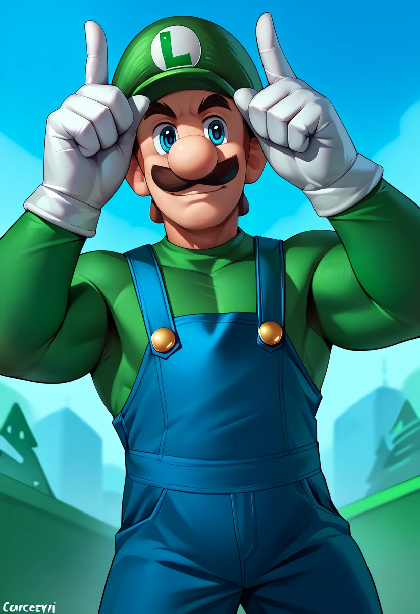 score_9, score_8_up, score_7_up, index fingers raised, arms up, <lora:HornsPose_pdxl_Incrs_v1:1>, <lora:Luigi_XLPD:1> Incrsluigi, luigi, green headwear, blue overalls, white gloves, long sleeves, muscular, outdoors, smirk,