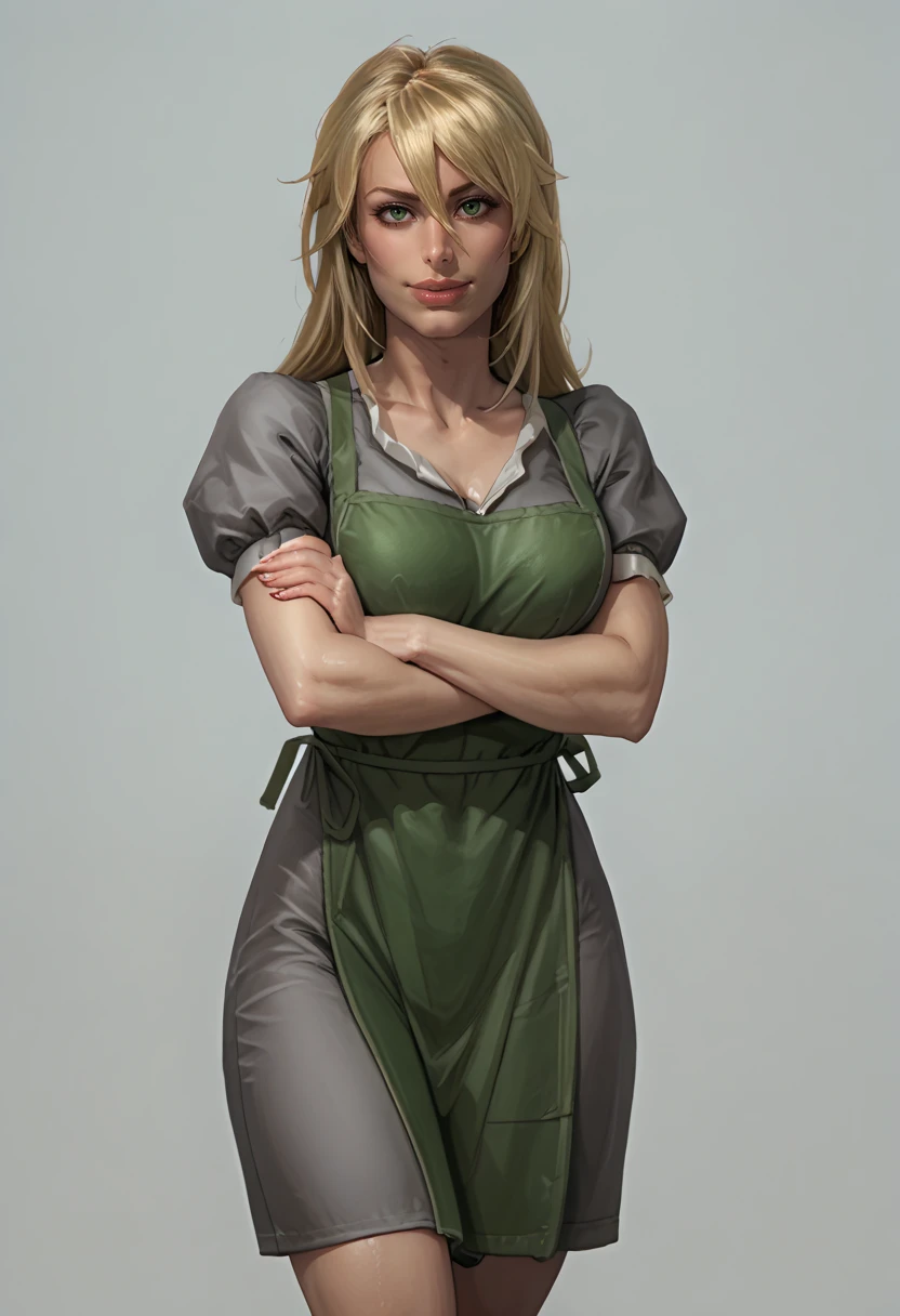 score_9, score_8_up, score_7_up, score_6_up, source_cartoon, raw, realistic, solo shot, view from front, 1girl, cq_cla1redr3ss, (green eyes:.7), blonde hair, short apron, short sleeve dress, grey dress, green apron, puffy sleeves, hair between eyes, bangs, bimbo, long hair, slutty girl, head tilt to side, arms crossed behind back, smiling, blank background, <lora:CQ_ClairedressPony-10:.75> <lora:thepit_ponyxl:.5> <lora:iranon_ponyxl:.4> <lora:sinfully_stylish_PONY_0.2:.5> <lora:temogam_ponyxl:.25> <lora:HerrscherAGGA2024_TF_Style_V1:.6>