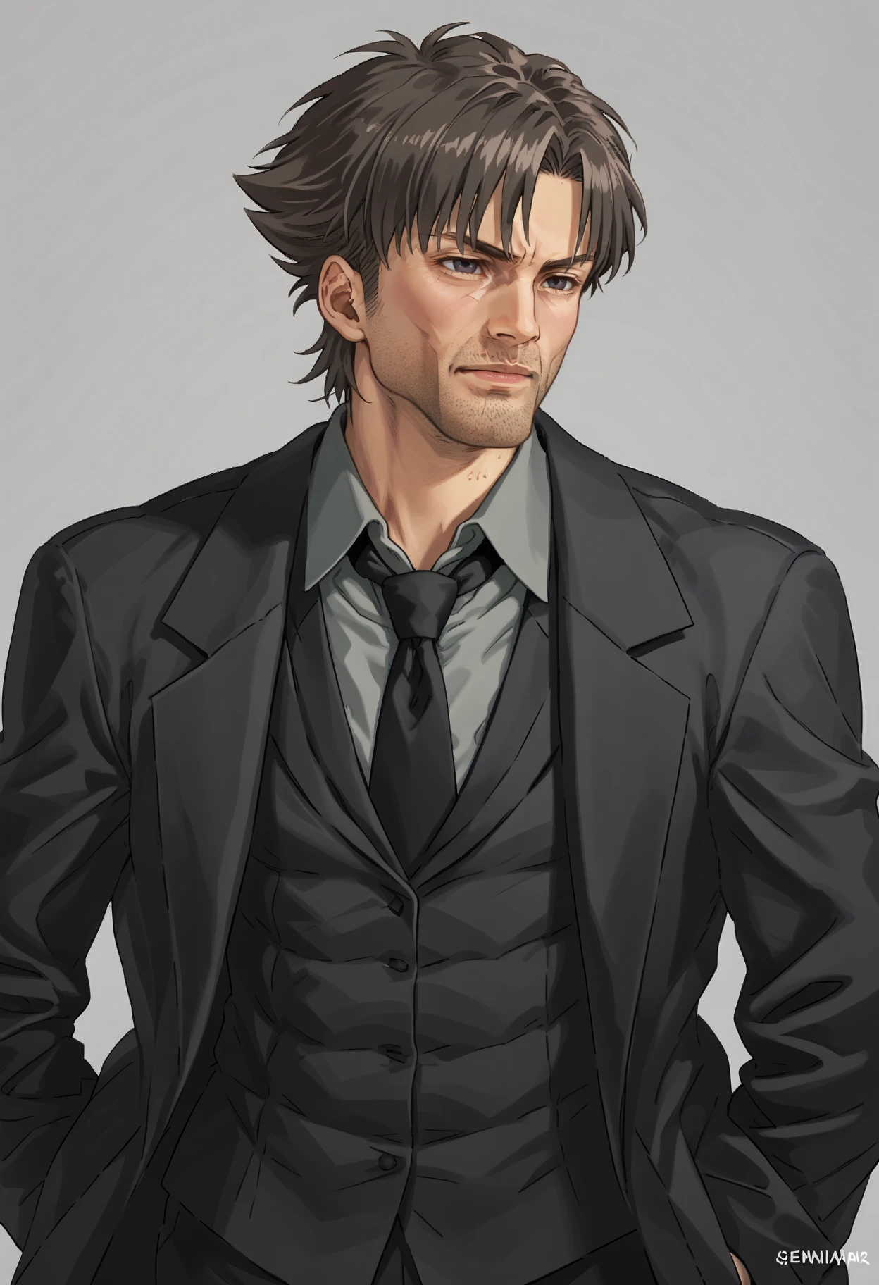 score_9,  score_7_up, BREAK, <lora:emiyakiritsuguv1:1>, standing, emiya kiritsugu, black hair, short hair, facial hair, stubble, long coat, black coat, grey shirt, collared shirt, waistcoat, black necktie, black eyes,  <lora:gigachad:1> gigachad, muscular,