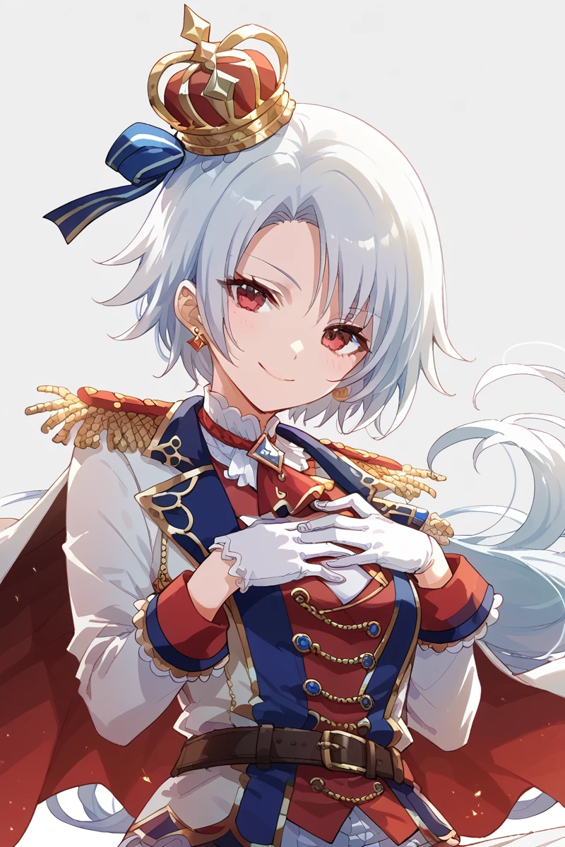 score_9, score_8_up, score_7_up, score_6_up, 1girl,
 <lora:Shiro_Ogami:0.9> shiro, gloves, solo, white gloves, crown, 1girl, jewelry, epaulettes, earrings, looking at viewer, mini crown, cape, smile, red eyes, belt, hand on own chest, whiteprince