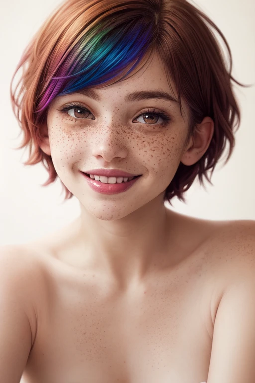 beautiful lady, (freckles), big smile, brown hazel eyes, Short hair, rainbow color hair, dark makeup, hyperdetailed photography, soft light, head and shoulders portrait, cover