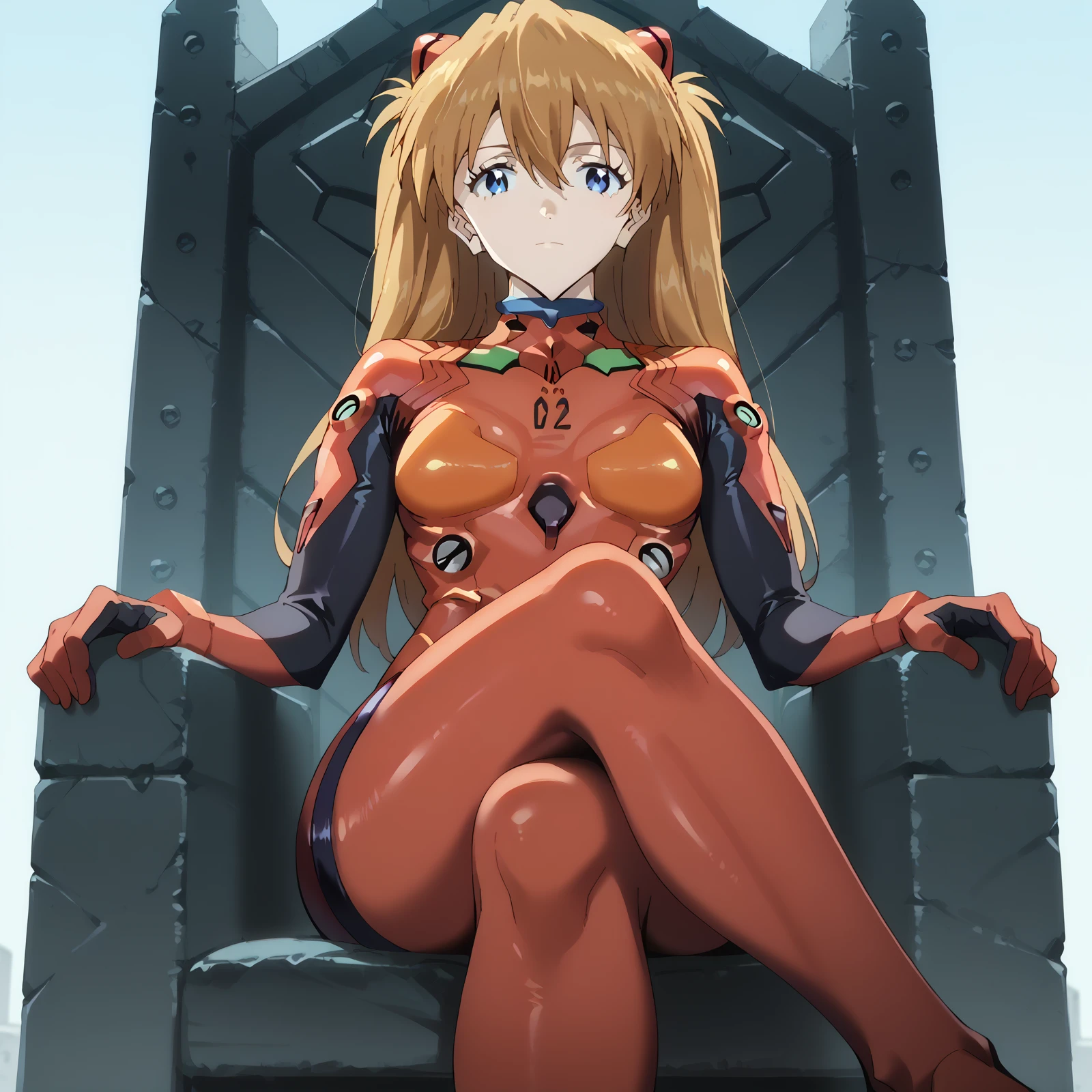 score_9,score_8_up,score_7_up, sm_an_stl, 1girl, female,Asuka Shikinami, asklng1,long hair,blue eyes,orange hair,red plugsuit, throne, crossed legs, looking at viewer, from below