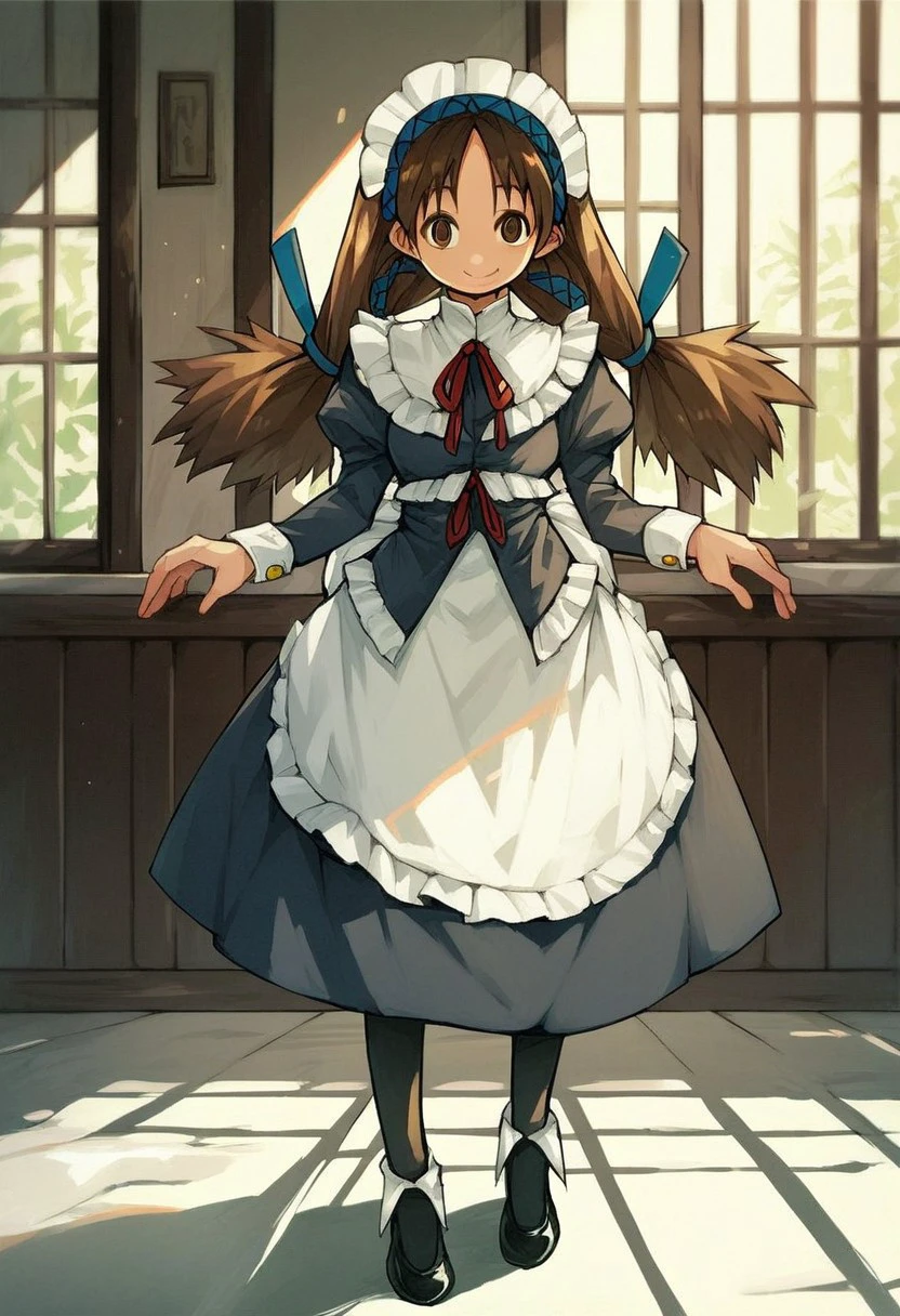 score_9_up, score_8_up, score_7_up, score_6_up, 1girl, solo, Yuki_MCMG, maid, maid headdress, long brown hair, twintails, black pantyhose, black shoes, brown eyes, apron, smile, standing in an (old mansion), source_anime