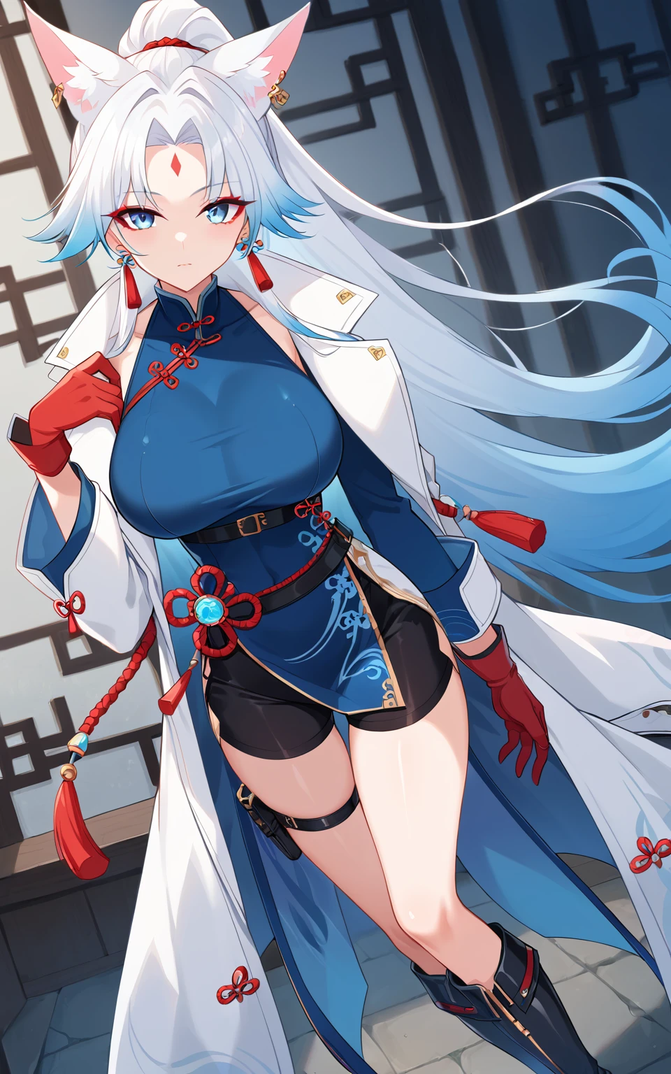 score_9, score_8_up, score_7_up, <lora:SH_HSR_Feixiao:0.9>, photo, (red eyeliner:1.1), makeup, SH_HSR_Feixiao, Feixiao, 1girl, white hair, very long hair, gradient hair, blue hair tips, ponytail, solo, gloves, belt, blue eyes, boots, coat, animal ears, jewelry, closed mouth, open coat, looking at viewer, open clothes, big breasts, dress, earrings, black shorts, long sleeves, bangs, standing, knee boots, white coat, thigh strap, parted bangs, black footwear, forehead mark, facial mark, tassel, blue dress, tassel earrings, blue shirt, red cross, (tight red gloves:1.1), (chinese clothes:1.1), (nsfw:1.3)