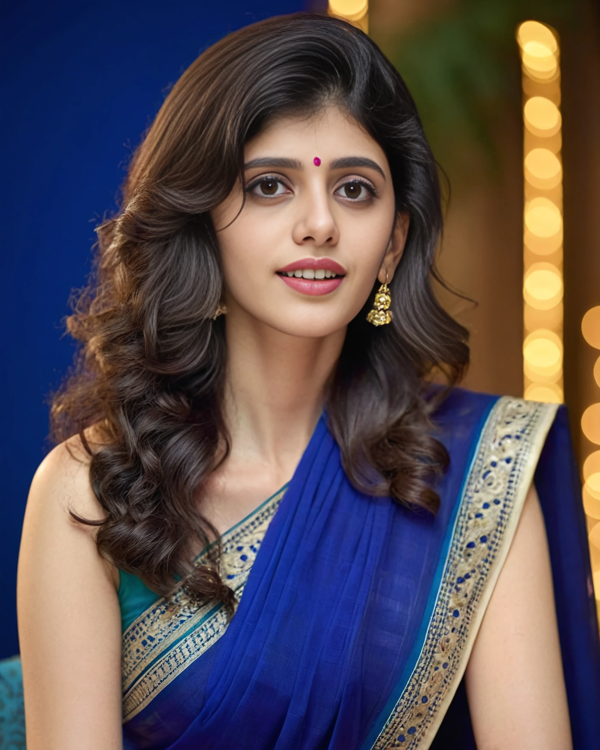 upper body photo of Sanjana Sanghi woman, solo, curls hair cut, , looking at the camera, ethnic Sapphire saree and blouse, night time, contrasting background bokeh, skindentation, <lora:Sanjana_Sanghi_SDXL_LoRA_prodigy_local_xformers_HNE-000015:1>