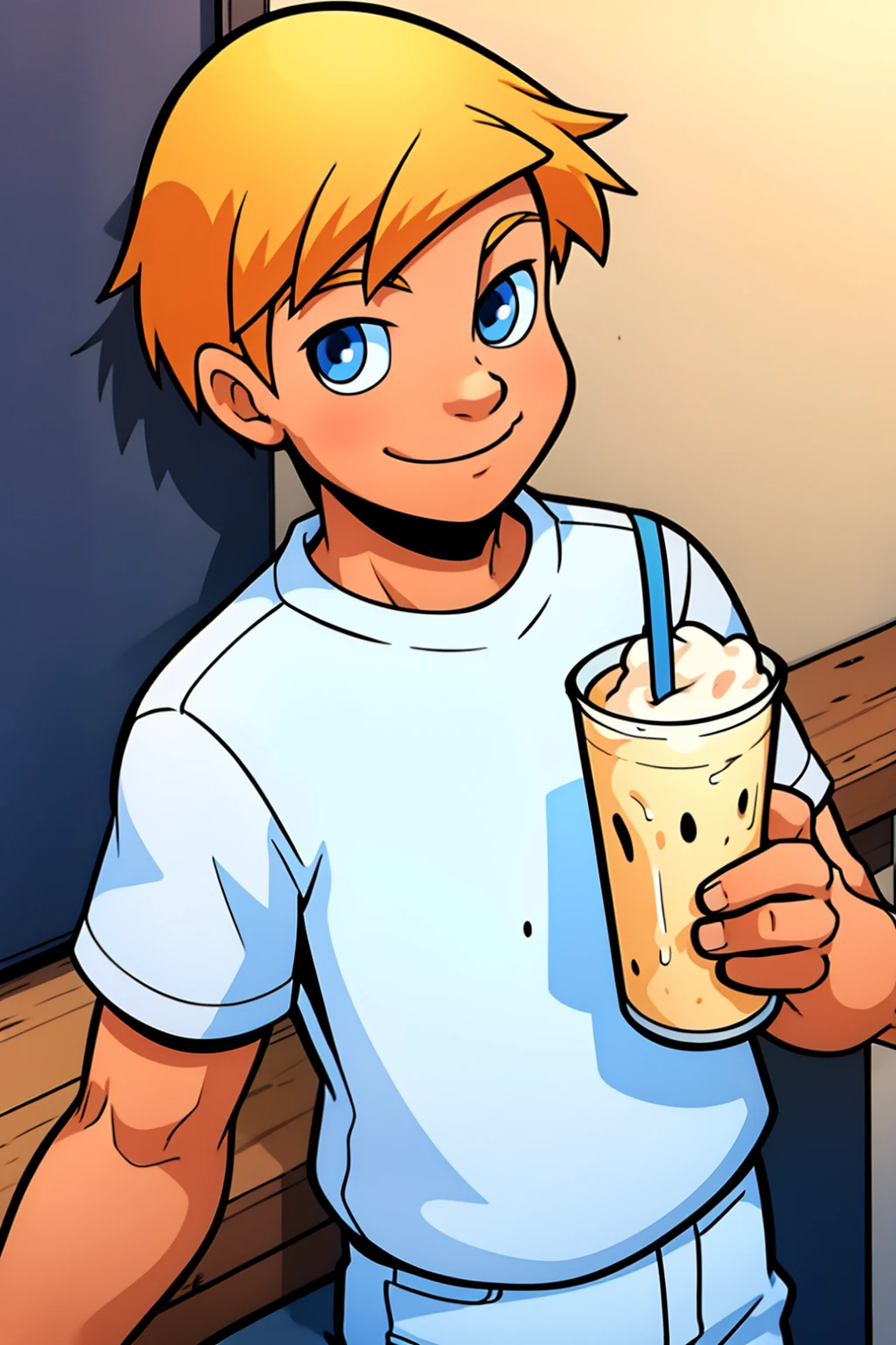 alex,1boy,solo,holding,milkshake,male focus,blonde hair,short hair,blue eyes,smile,looking at viewer,white shirt,blue pants,smile,mastepiece,best quality