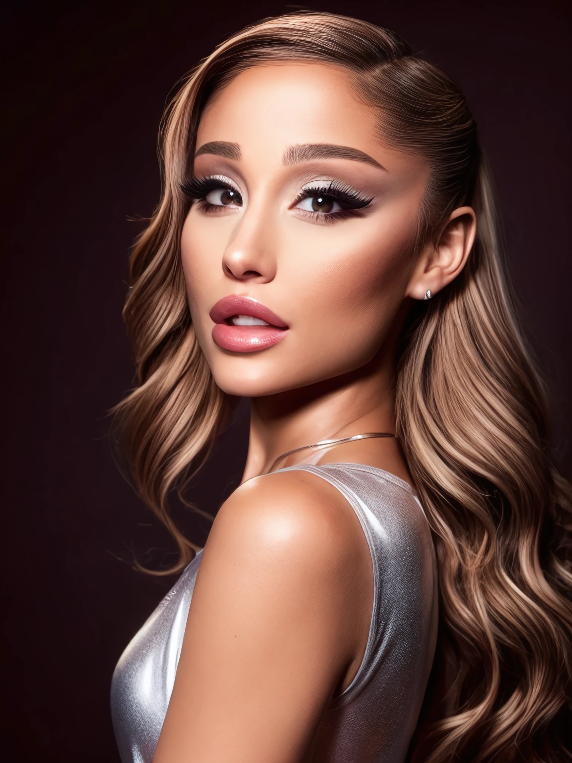 arianagrande, aadd,  face features, pale skin, parted lips, teeth, shiny lips, slender, gloves, glamour, wavy hair, shiny hair, bombshell