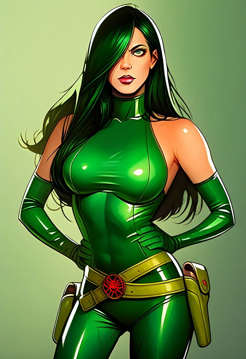 fingers)),score_9, score_8_up, score_7_up, score_6_up, score_5_up, score_4_up,intricate detail, high res, 2d, comic drawing style,Madame Hydra, 1girl, solo, long hair, green bodysuit, skin tight, breasts, bare shoulders, belt, elbow gloves, green boots, long hair, green hair color, fringe covering one eye, latex clothing, large breasts, hands on hips