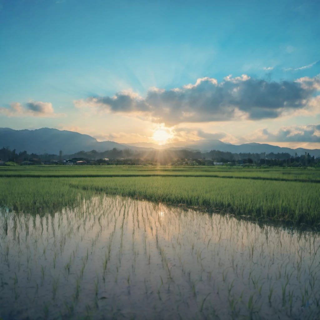 photograph,realistic,8k,detailed,summer,rice field,paddle,reflection,close-up,scenery,blue sky,sunlight,shadow,huge cloud,blue background,blurry background,blurry foreground,no humans,<lora:Rice_field_r2:0.8>