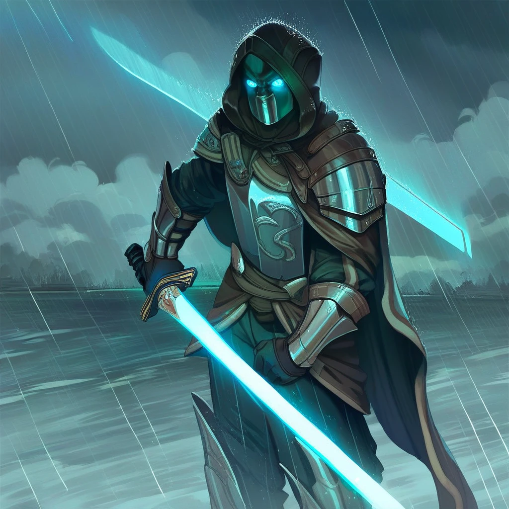 score_9, score_8_up, score_7_up,Onderon Guardian Armor, solo, 1boy, holding, male focus, weapon, sky, cloud, hood, sword, armor, glowing, glowing eyes, rain, energy sword, lightsaber, sensitive