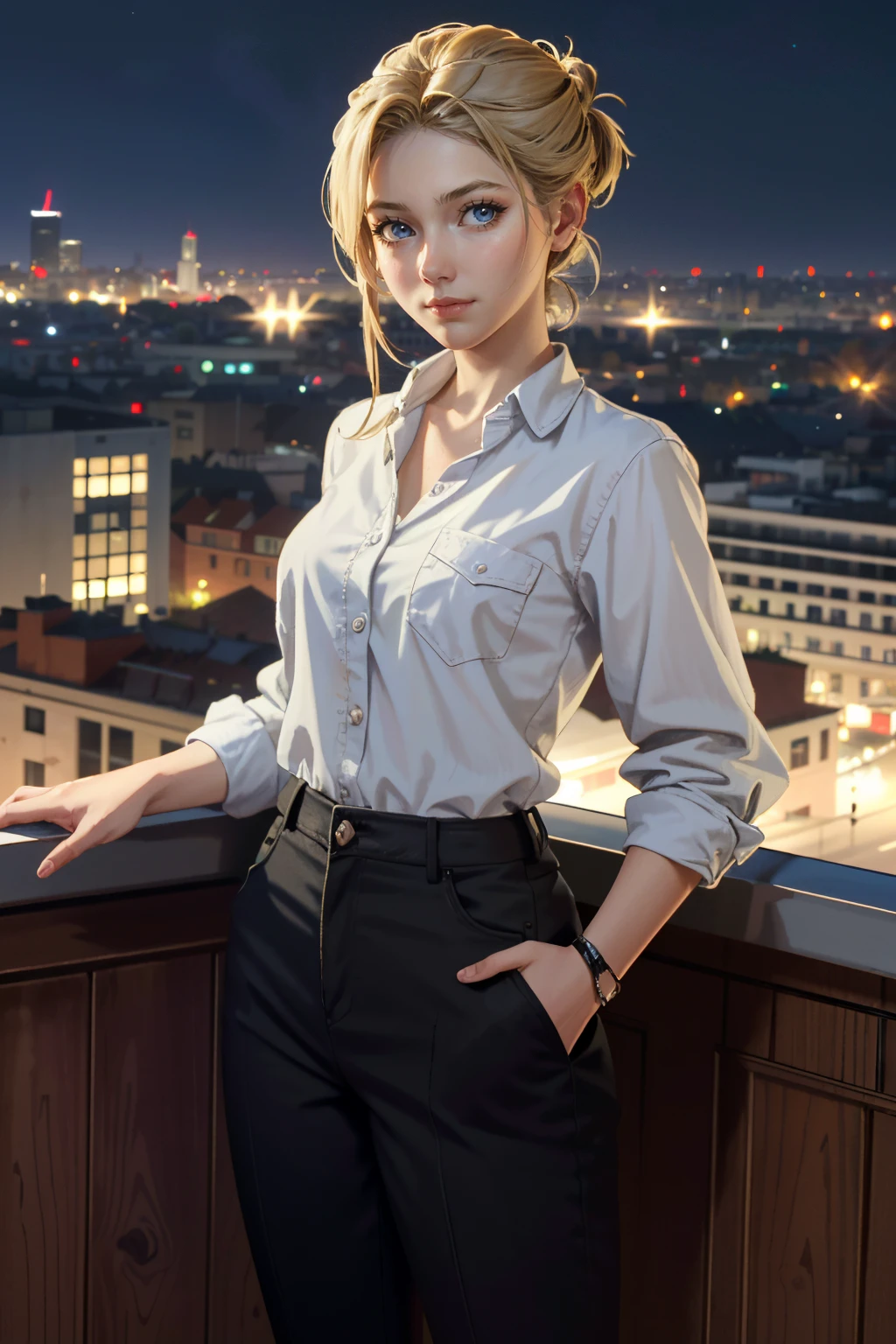 ((ultra detailed, masterpiece, absurdres))
<lora:UncElena:0.8>
UncElena, 1girl, blonde hair, blue eyes, looking at viewer, overlooking the city from a rooftop bar at night, chic outfit, standing