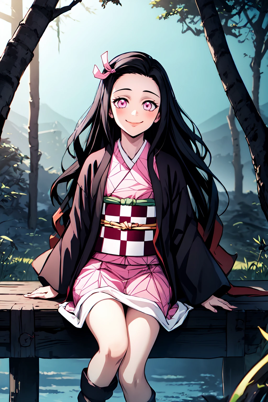 <lora:NezukoKamado-10:1> NezukoNor, kamado nezuko, black hair, very long hair, pink eyes, 1girl, haori, black haori, pink kimono, hair ribbon, pink ribbon, checkered sash, obi, sitting, smile, island forest,, masterpiece, best quality, highres,