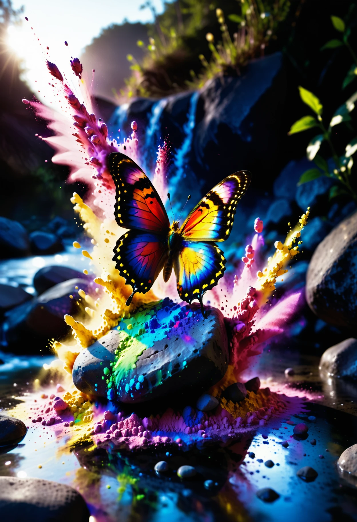 reij-splshpwdr, <lora:splashpowderSDXL-000006:0.9>, a butterly on a mini rock, river, sunrise