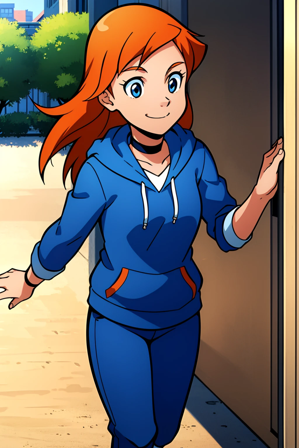 julie,1girl,solo,orange hair,long hair,blue eyes,1girl,solo,choker,running away from the danger,library,,smile,looking at viewer,blue hoodie,long slevless,pants,masterpiece,best quality