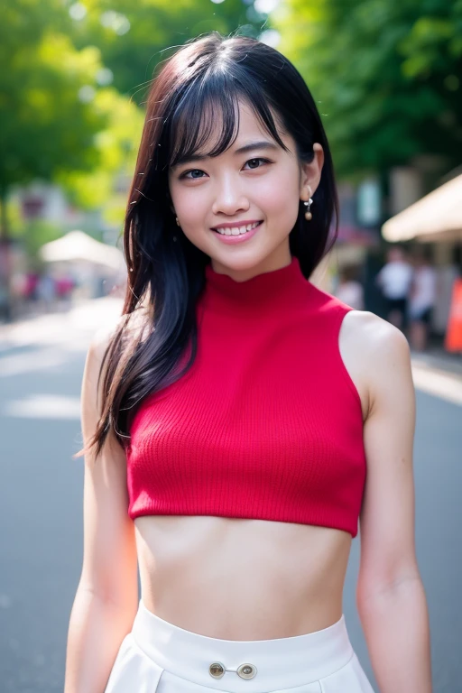 1girl, (masterpiece, RAW photo, best quality:1.4), (realistic, photo-realistic:1.4), extremely detailed, 8k wallpaper, ultra-detailed, highres, soft light, beautiful girl, young Japanese idol, brown eyes, (grin:1.4), (long hair:1.2), (Knit Crop Top Ribbed Sleeveless Halter Neck:1.4), (standing in a bustling city street:1.4), relaxed aura, gravure photo, detailed eyes and face, perfect anatomy, shiny skin, detailed skin, (blurry background:1.2), professional lighting, shallow depth of field, vibrant colors, glossy finish, pastel colors, high fashion, editorial style, cinematic lighting, artistic composition,  <lora:oonishiaguri_lora-v2_02:0.9>