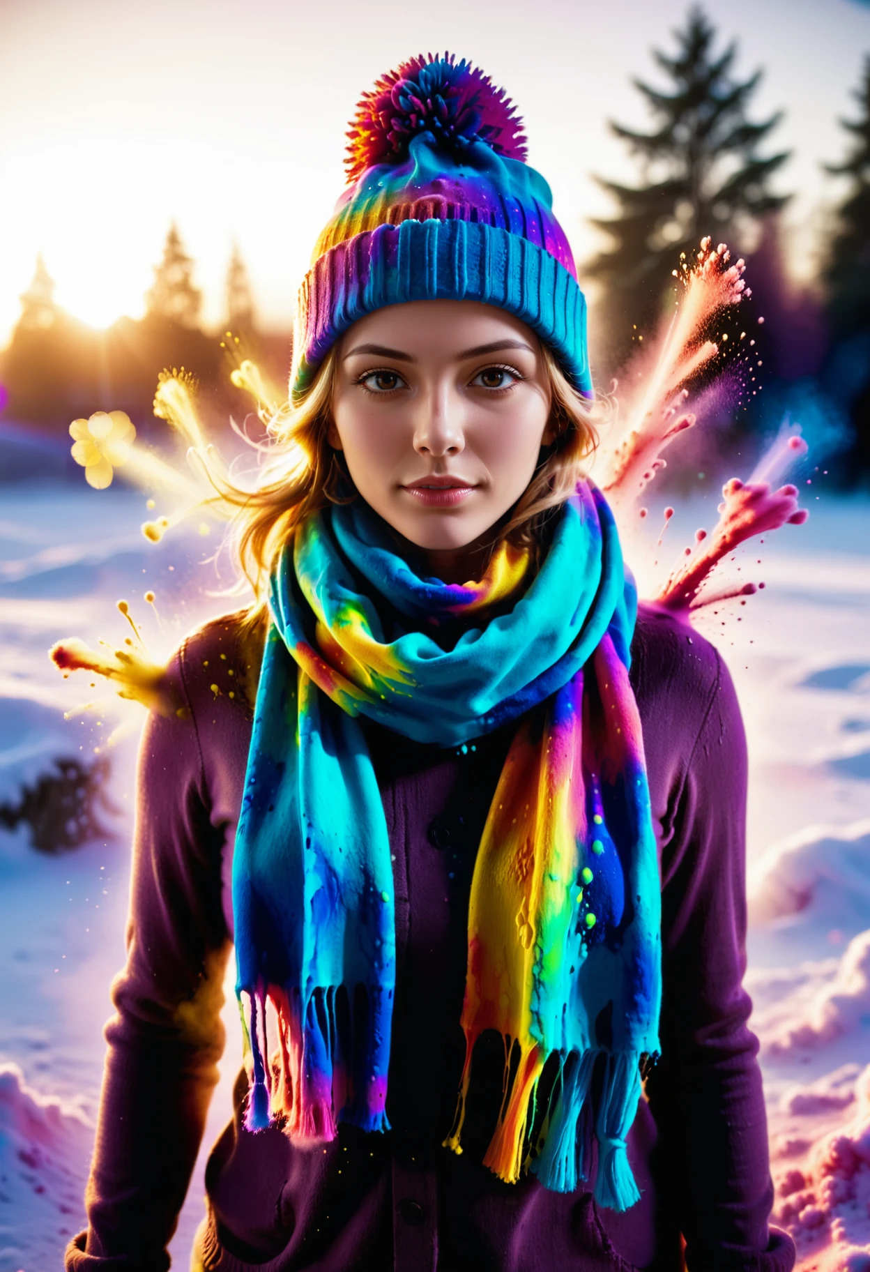 reij-splshpwdr, <lora:splashpowderSDXL-000006:0.9>, a woman wearing a scarf and a woolhat in the dnow by sunrise