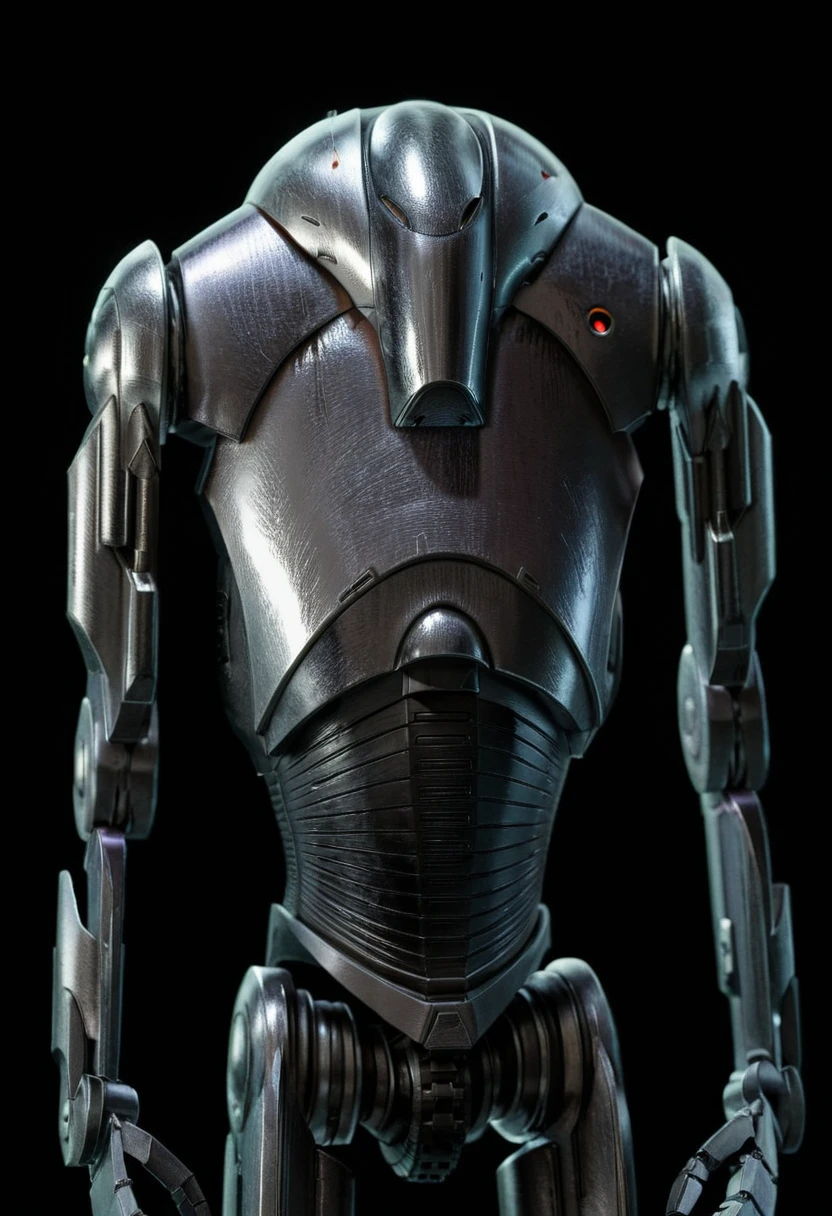 7-B2 droid, portrait, black background [reflections, accurate lighting, shadows, realistic, high quality photo, 4k, hd, smooth metallic surfaces]