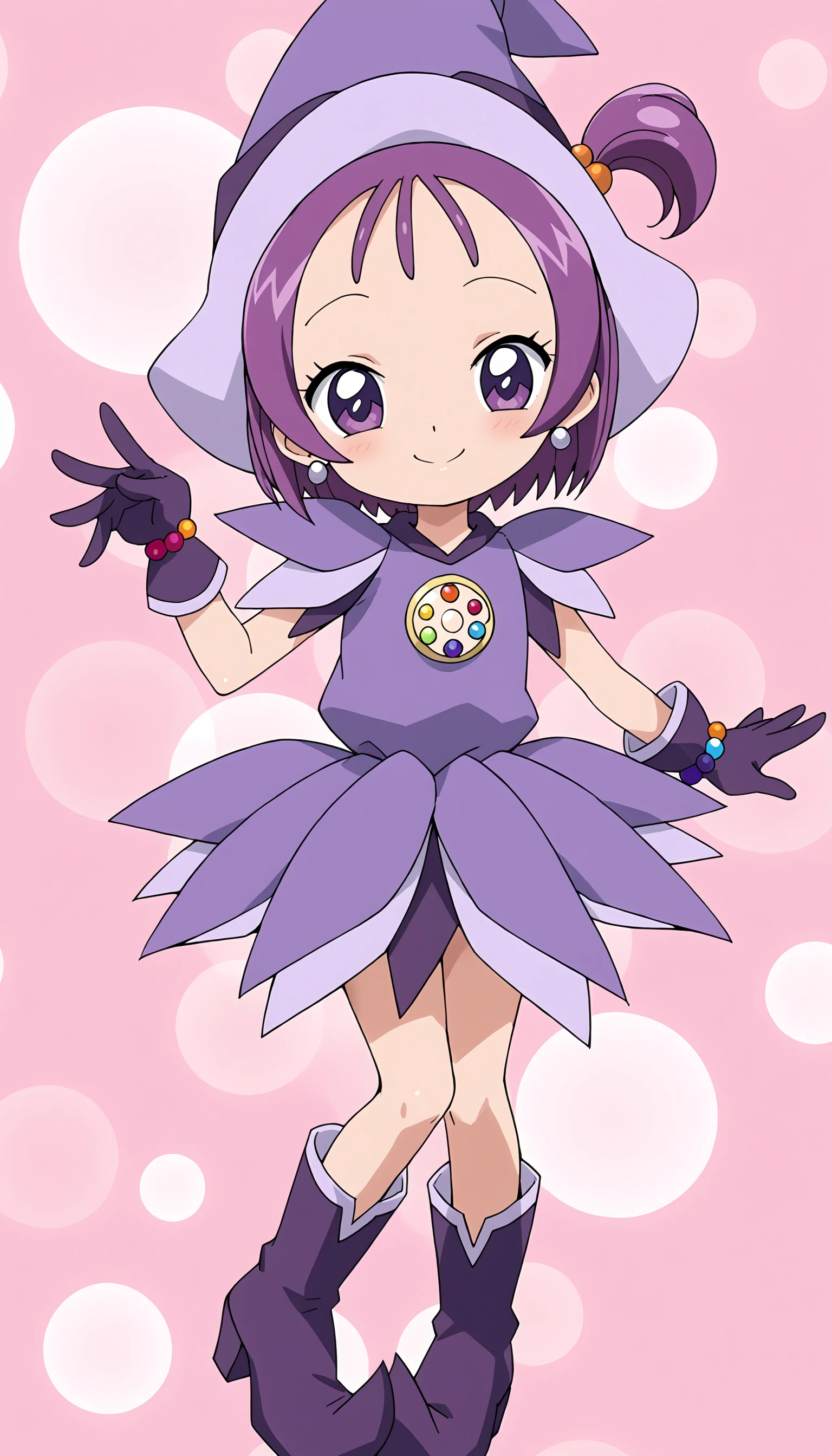 anime artwork of score 9,score_8_up,score_7_up,source_anime,masterpiece,best quality,(parody:1),(anime screencap:1.2),
BREAK
(segawa onpu:1.5),1girl,female child,solo,purple hair,purple eyes,hair ornament,hair bobbles,one side up,bob cut,
BREAK
(onpuwitch01:1.6),magical girl,jewelry,boots,earrings,hat,purple footwear,purple gloves,dress,witch hat,purple headwear,purple dress,hood,
BREAK
smile,cute pose,(magical background:1.2),abstract background,
<lora:onpu_segawa_xl_for_pony_xl_v01:0.6>,