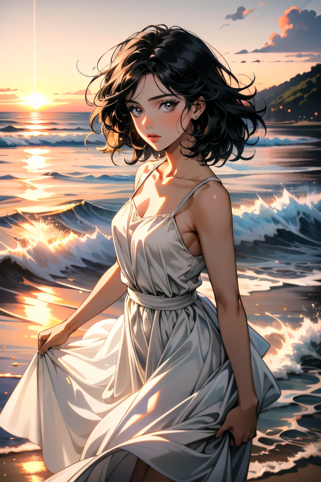 ((ultra detailed, masterpiece, absurdres))
 <lora:UDEmily:0.8>
UDEmily, 1girl, black hair, looking at viewer, on a beach during a vibrant sunset, sundress, playing with the waves