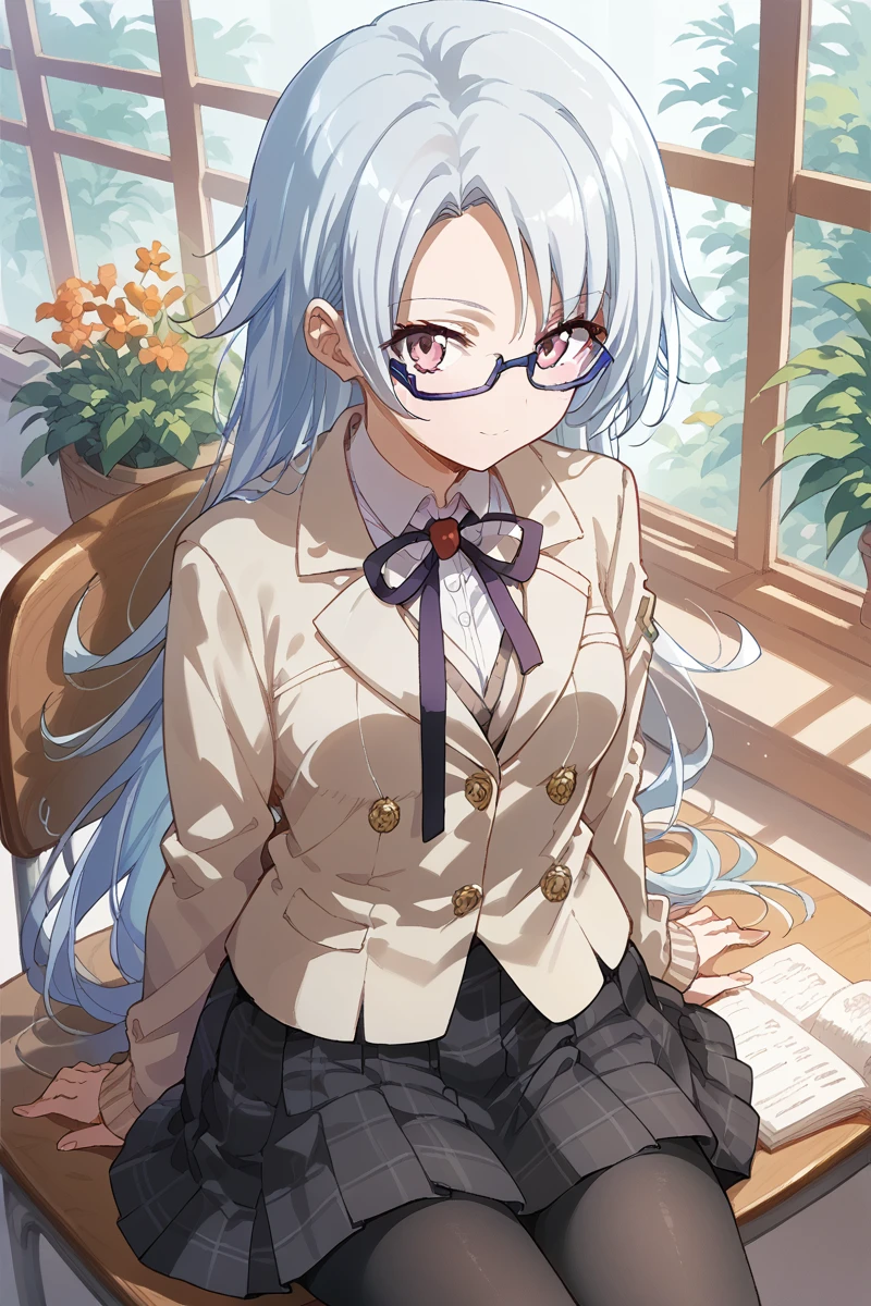 score_9, score_8_up, score_7_up, score_6_up, 1girl,
 <lora:Shiro_Ogami:0.9> shiro, solo, pantyhose, school uniform, glasses, long hair, skirt, black pantyhose, jacket, looking at viewer, blazer, blue-framed eyewear, ribbon, sitting,